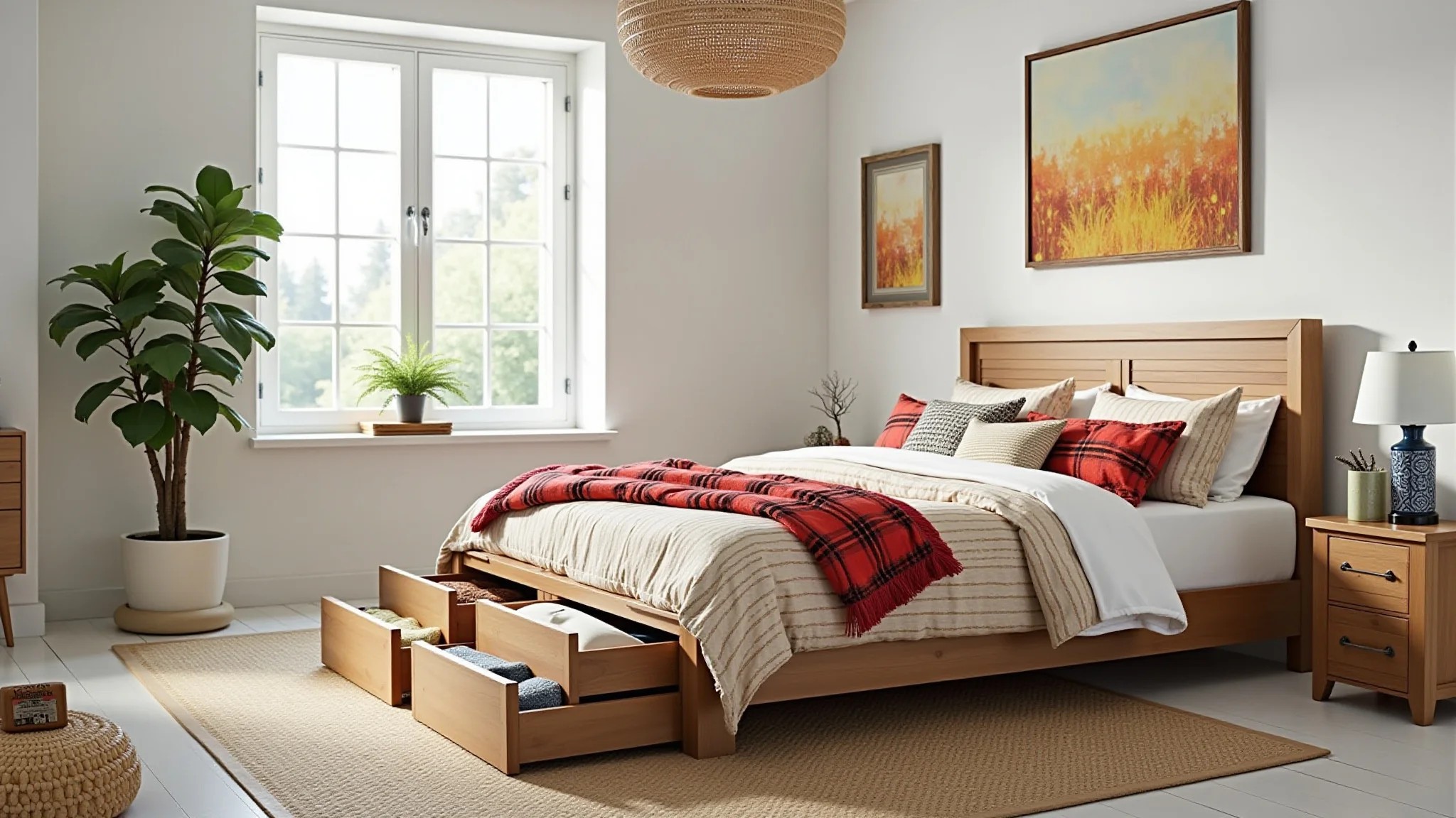 Quarto arejado com cama com várias gavetas pequenas e roupas de cama coloridas.