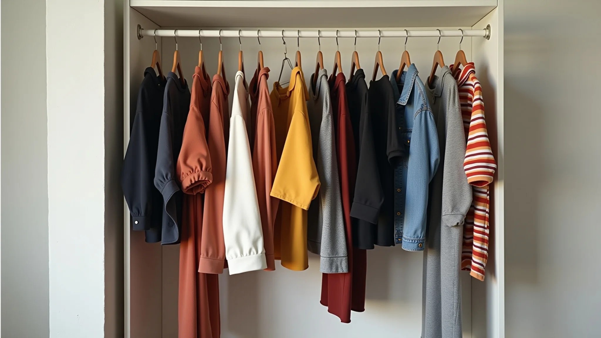 Guarda-roupa cápsula com peças básicas e versáteis organizadas por cor.