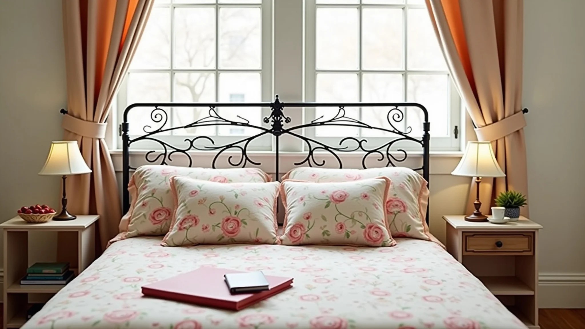 Quarto charmoso com cabeceira de ferro, detalhes delicados e roupa de cama colorida.