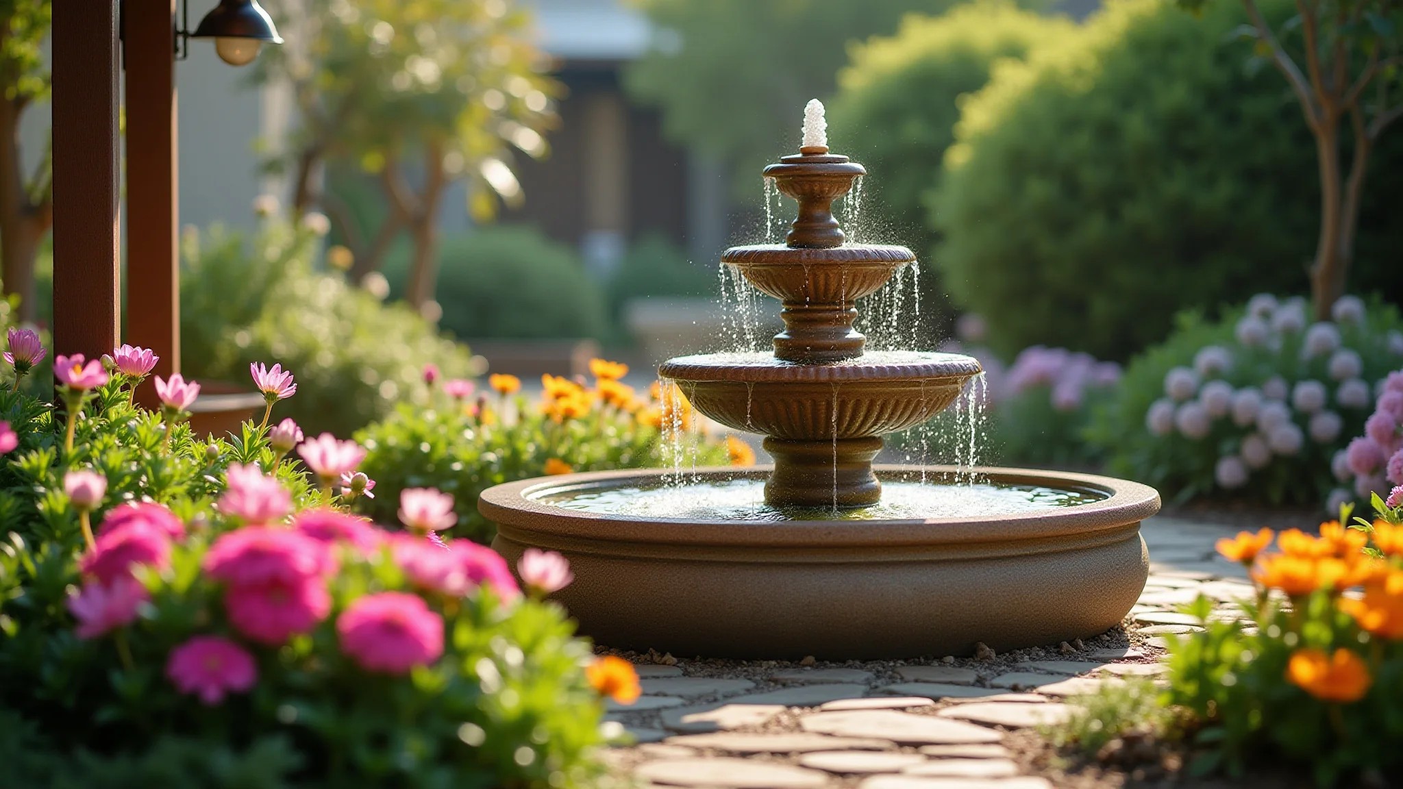 Jardim charmoso com fonte de vasos em cascata e flores coloridas.