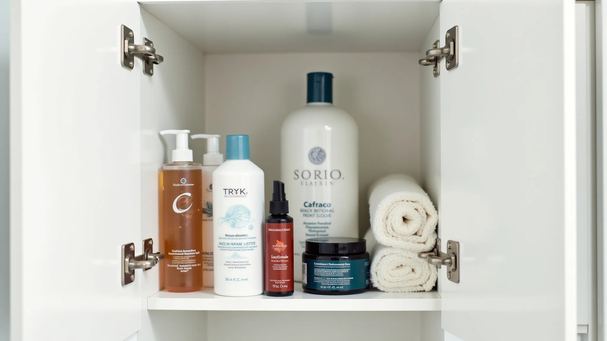 Armário de banheiro limpo e organizado com produtos essenciais à mão.