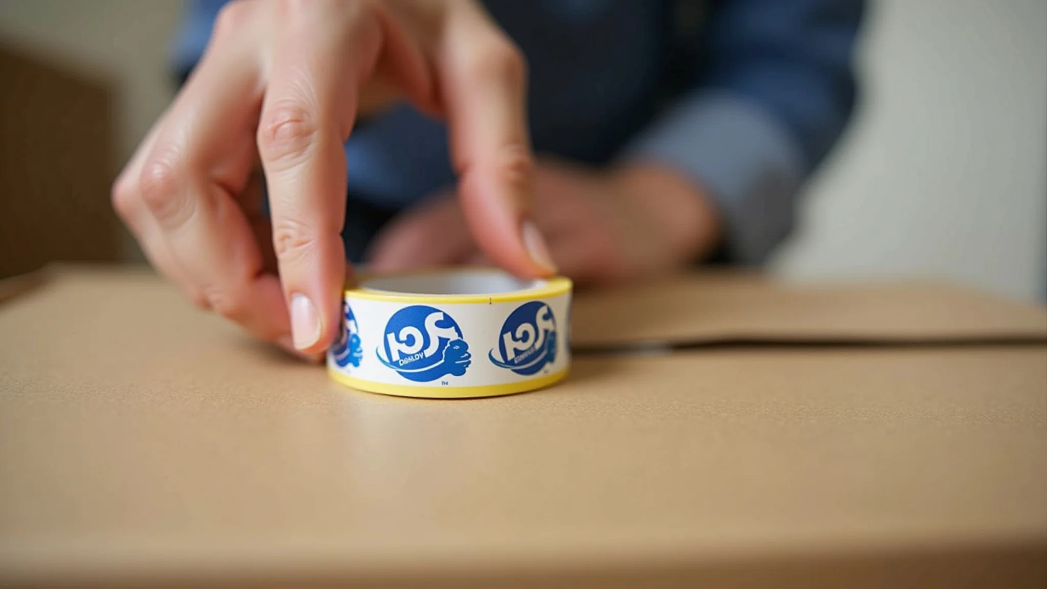 Mão fechando caixa de papelão com fita adesiva personalizada com logo.