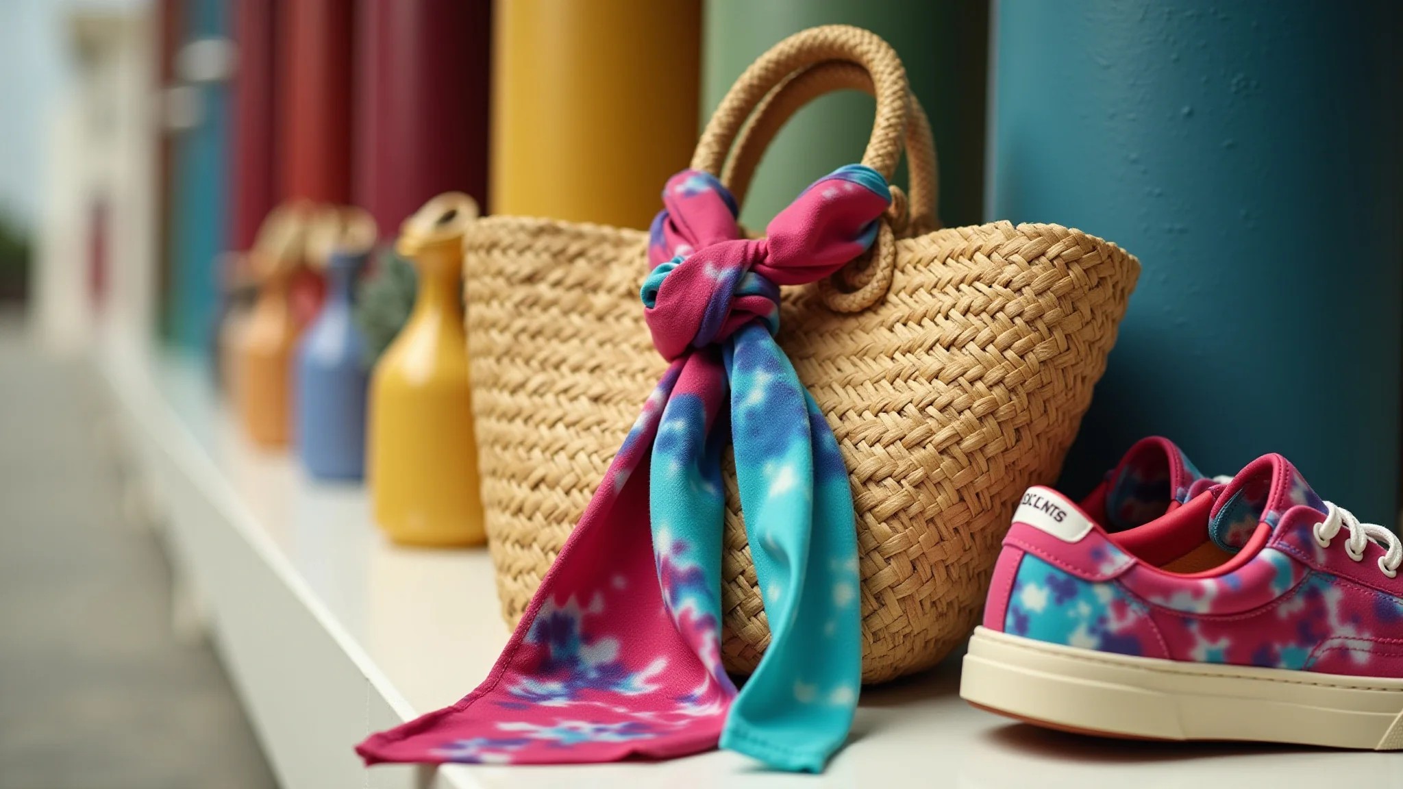 Acessórios tie-dye: lenço colorido amarrado em bolsa de palha e tênis tie-dye.