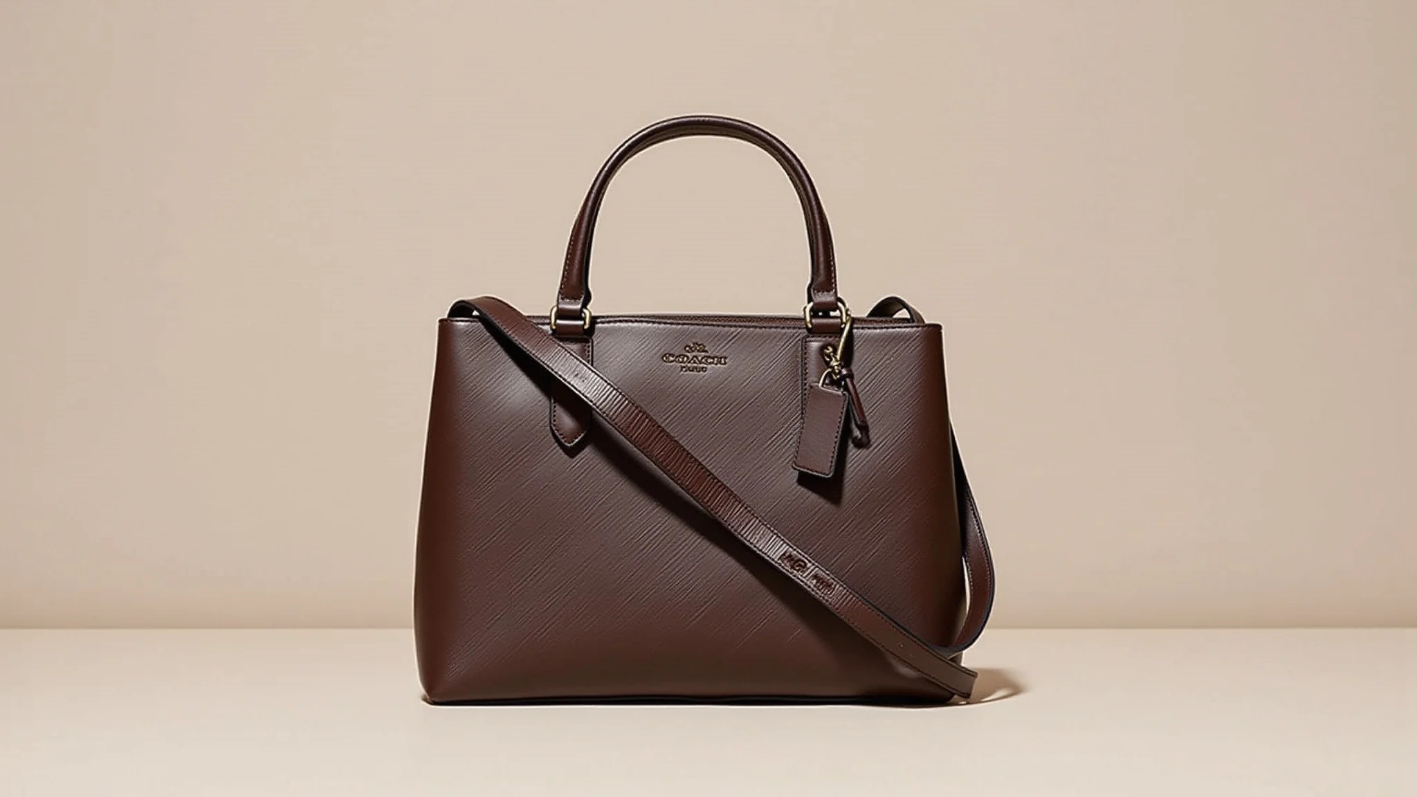Bolsa de couro Coach elegante e acessível em fundo neutro.