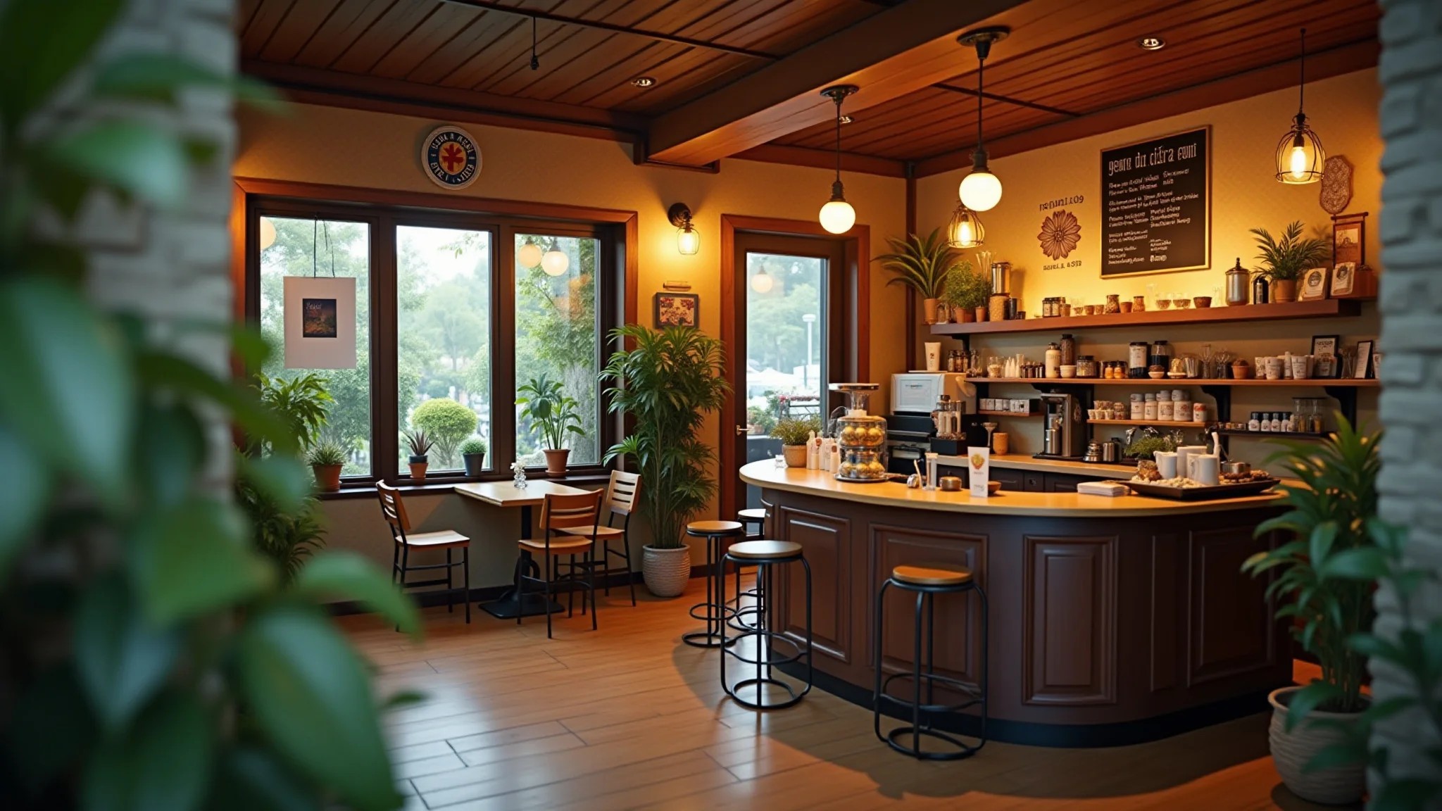 Cantinho do café com iluminação quente, pôsteres decorativos e plantas.