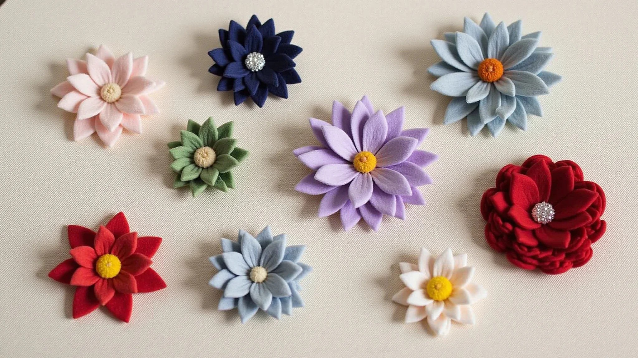 Broches e acessórios de cabelo com flores de feltro expostos em tecido de linho.