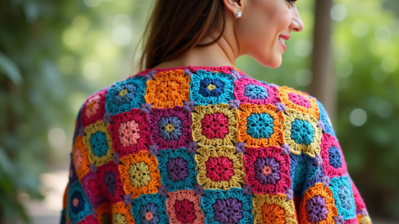 Quimono de crochê colorido em granny squares.