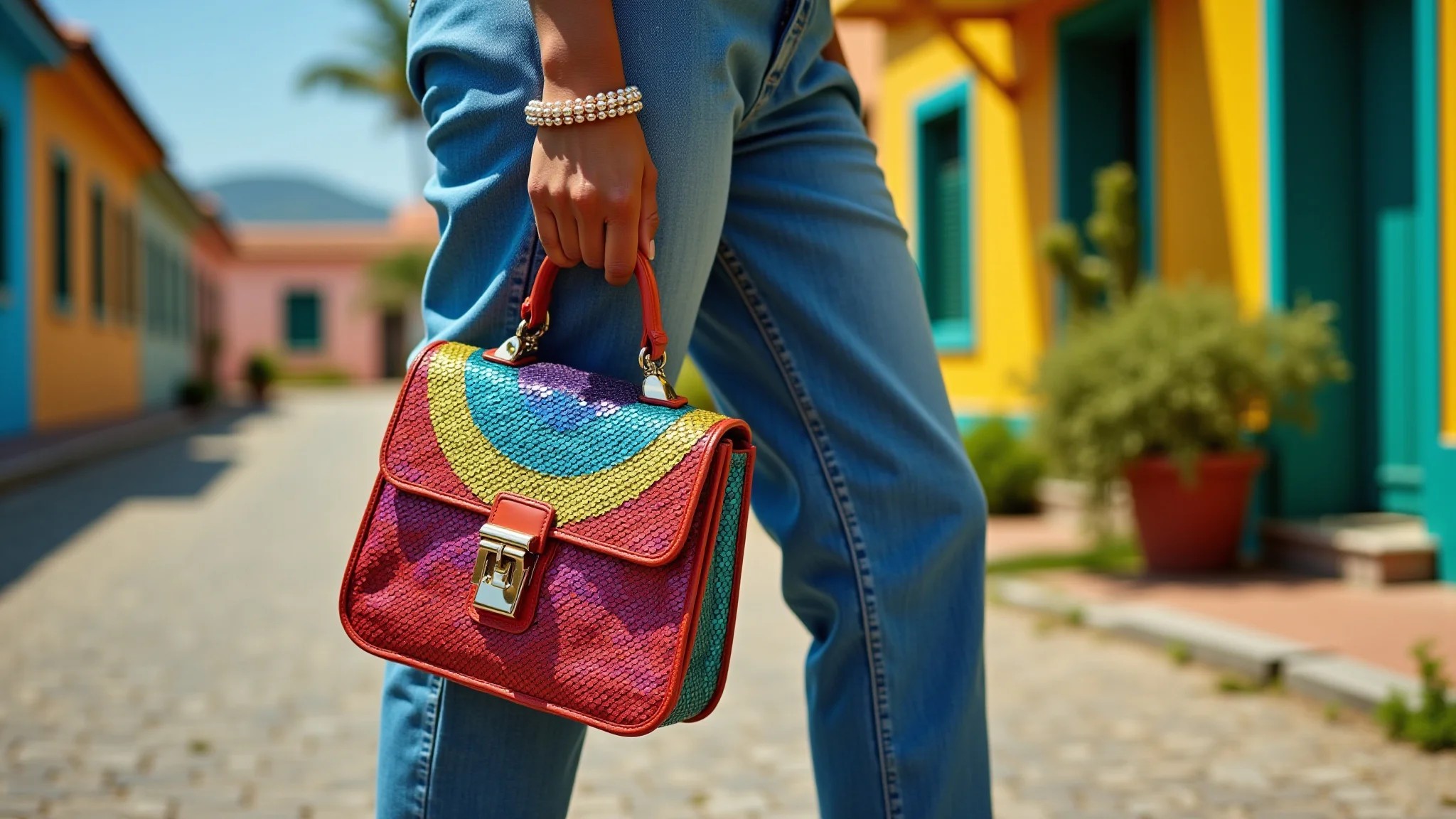 Macacão jeans com bolsa de paetê colorida e tênis plataforma em cenário vibrante.