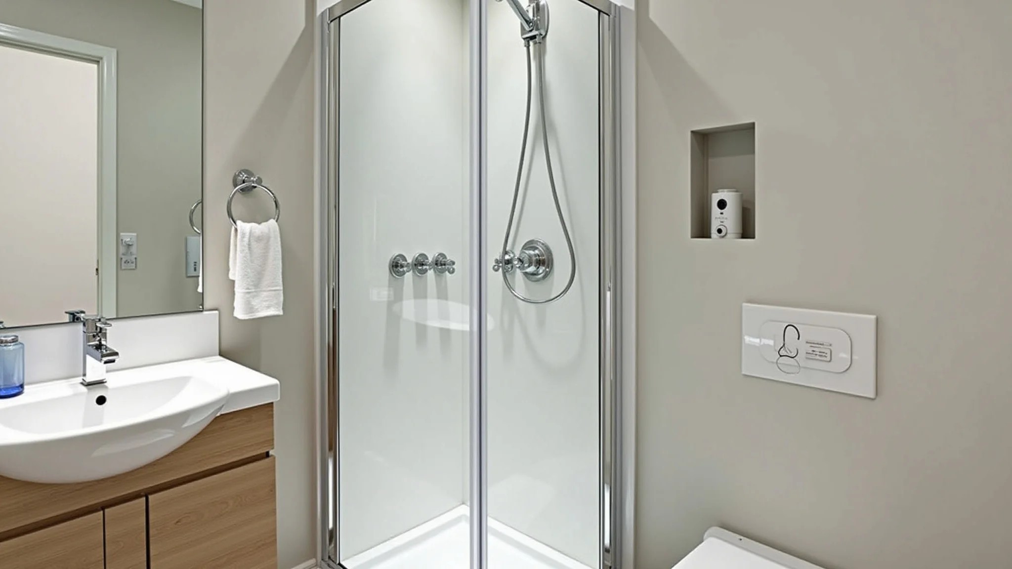 Banheiro compacto com box de vidro transparente, otimizando o espaço e a iluminação.