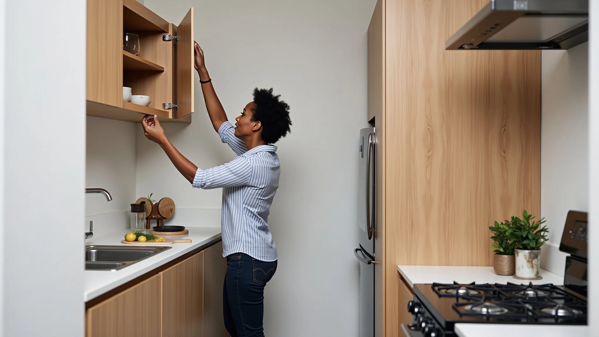 Cozinha compacta com soluções inteligentes de armazenamento e mulher diversa pegando utensílio.