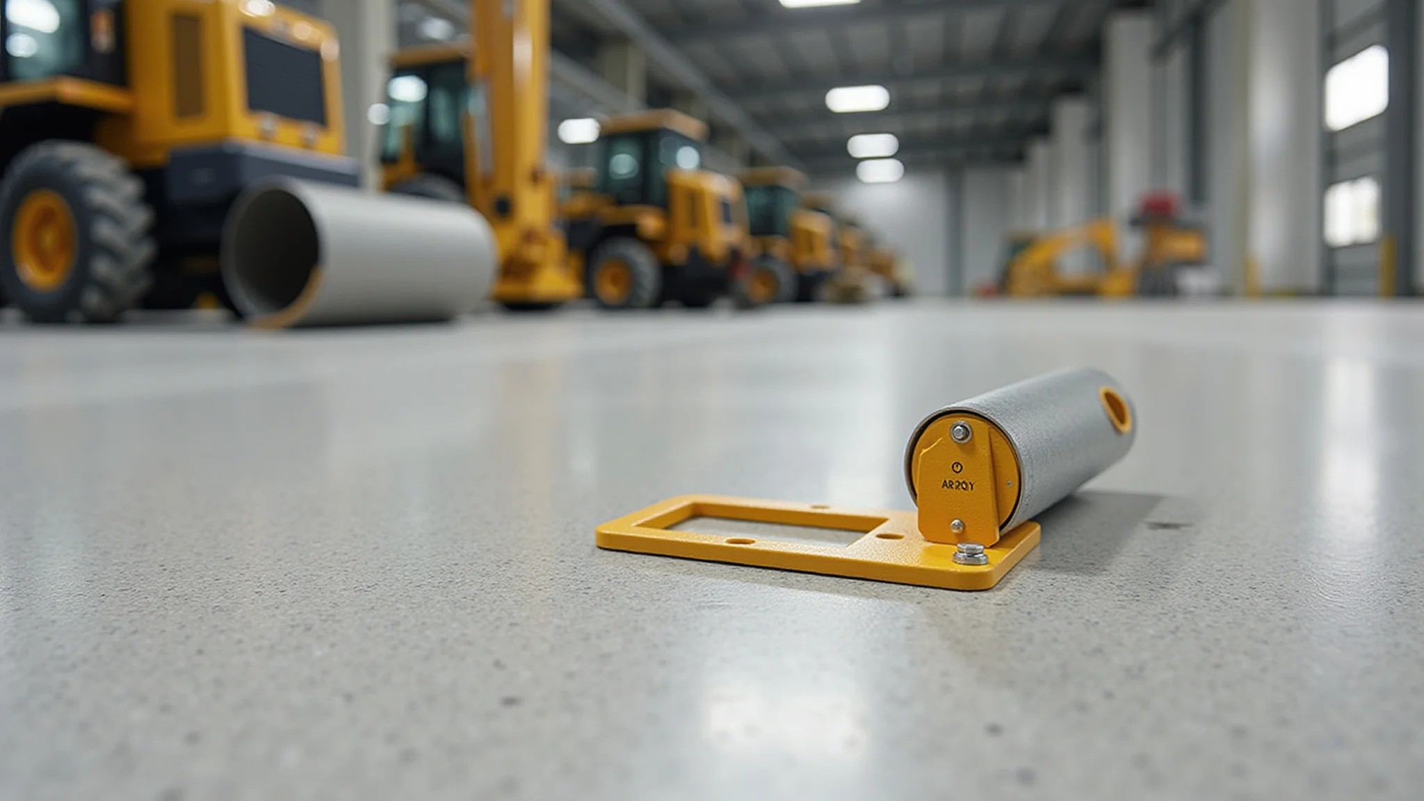 Piso de concreto resistente em canteiro de obras com equipamentos pesados, durabilidade.