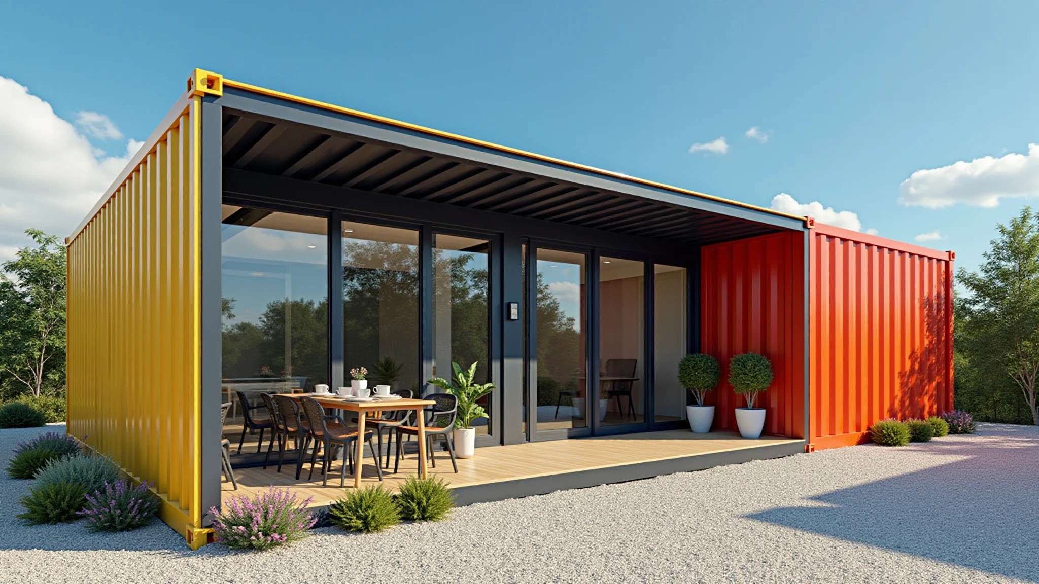Exterior de um escritório container com design moderno e cores vibrantes.