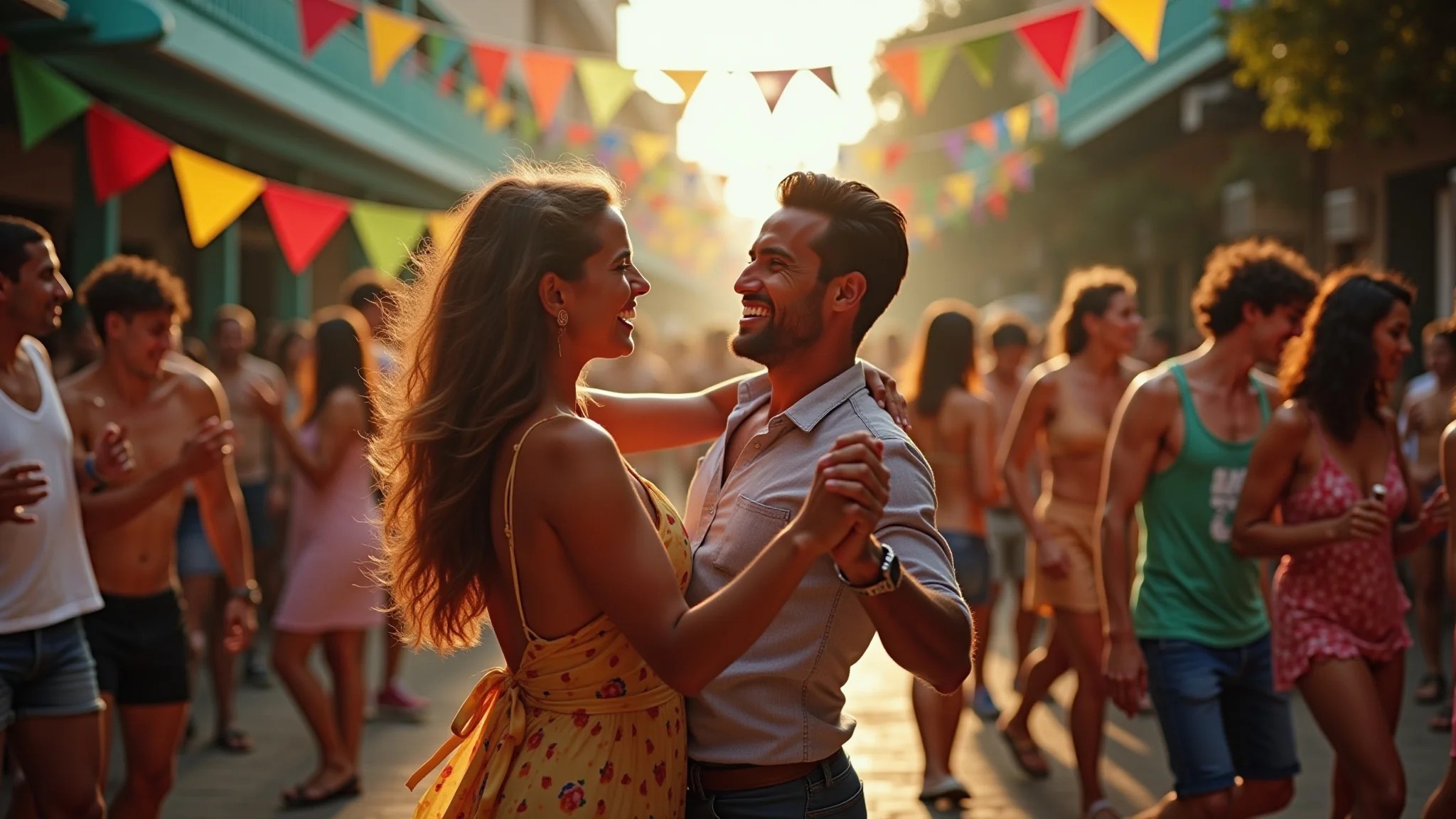 Casal dançando junto em uma animada festa de rua brasileira.