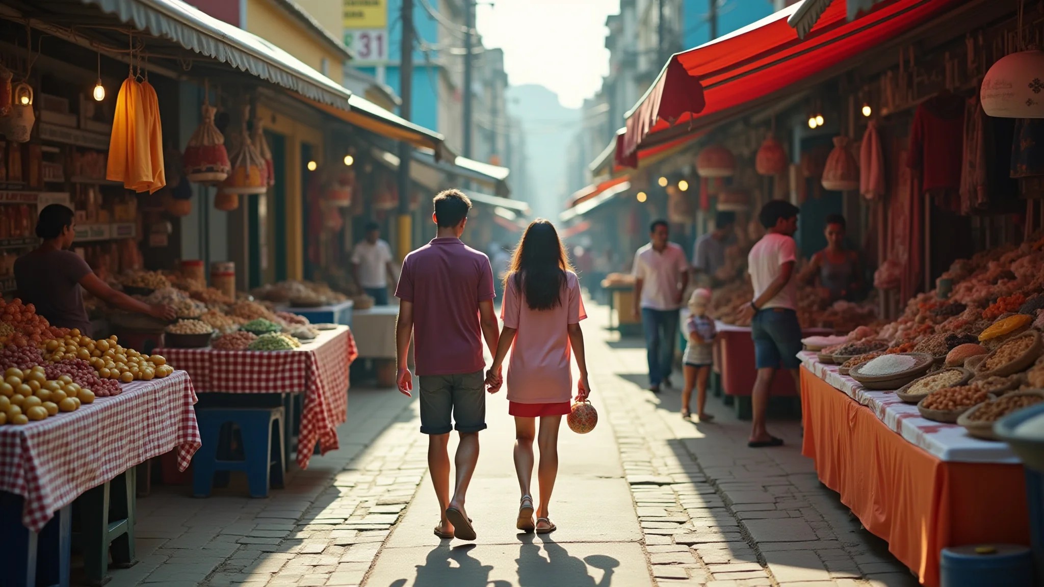 Casal de mãos dadas caminhando por um mercado de rua brasileiro vibrante.