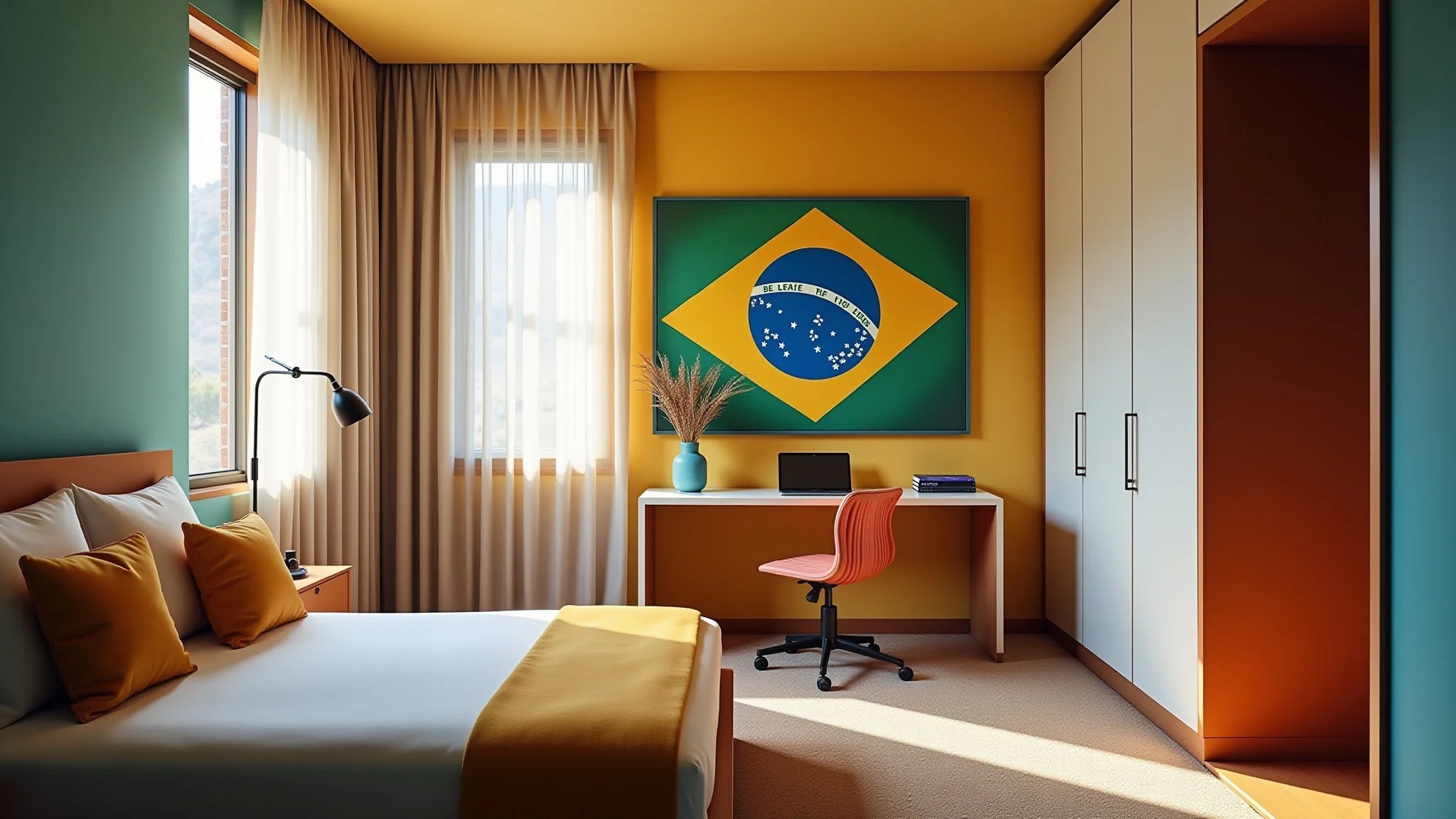 Quarto de casal com escritório colorido e arte brasileira.