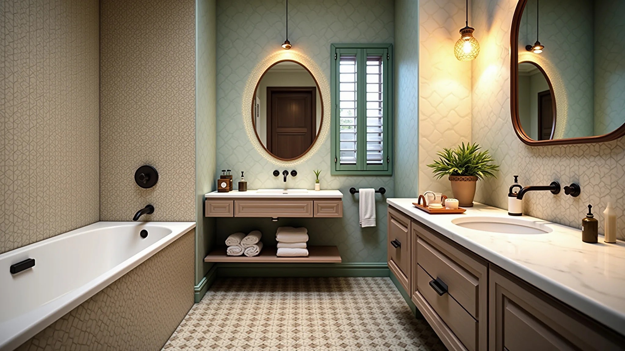 Banheiro aconchegante com azulejos quadrados em diversas cores, iluminação clara, estilo brasileiro.