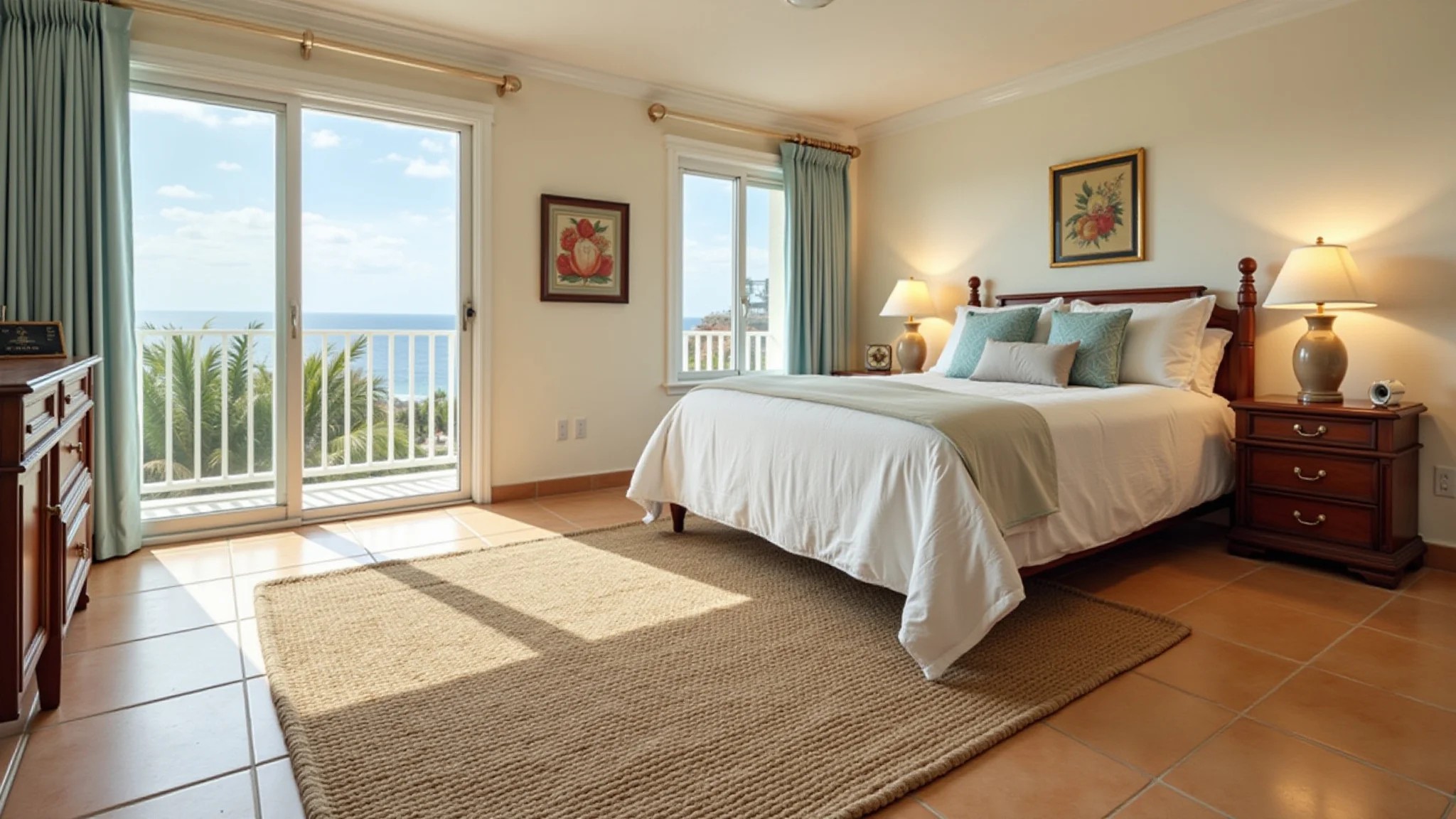 Quarto aconchegante em apartamento de praia com piso cerâmico em tons quentes e tapete de fibra natural.