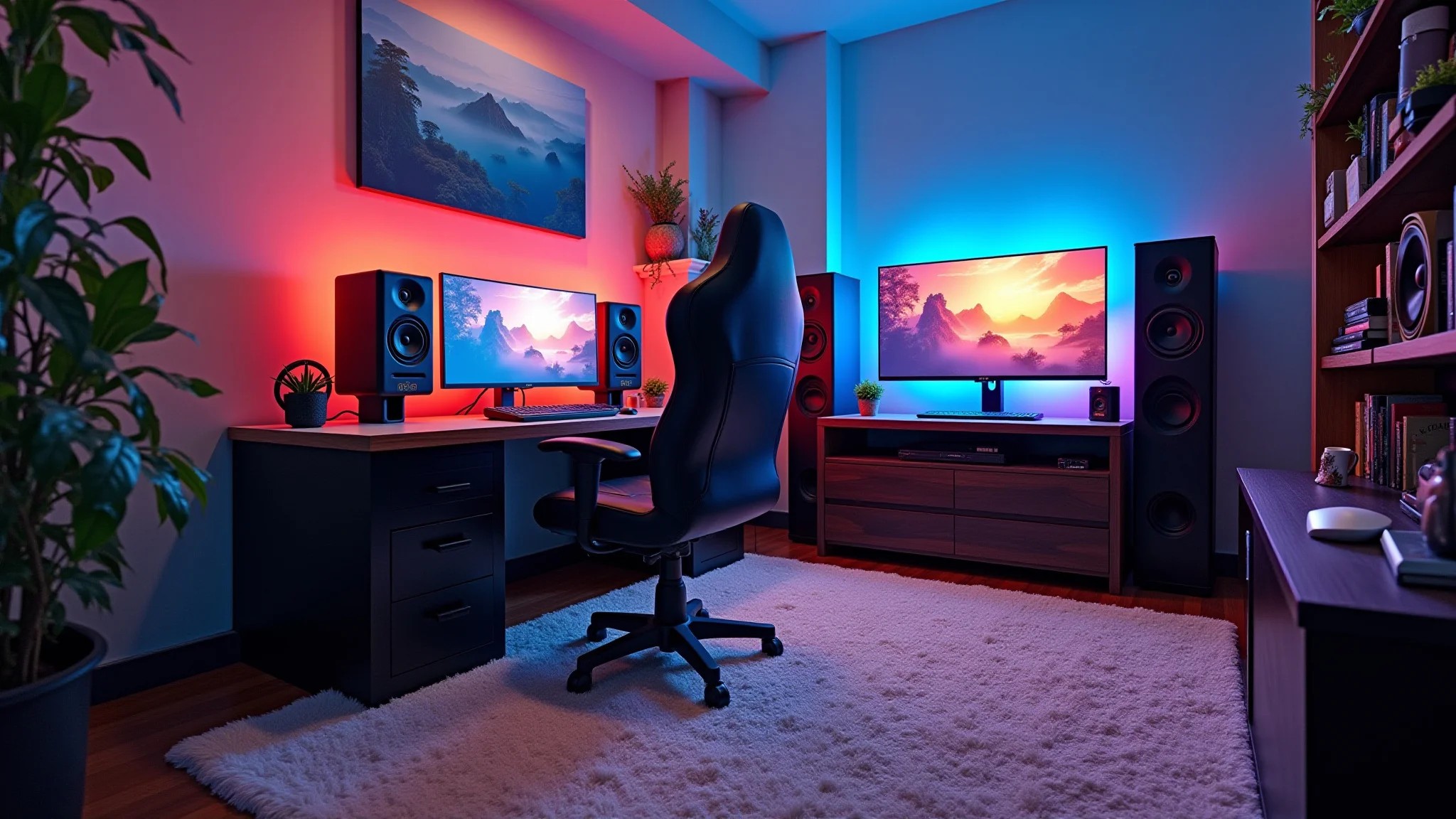 Quarto gamer aconchegante com carpete, isolamento acústico e iluminação imersiva.