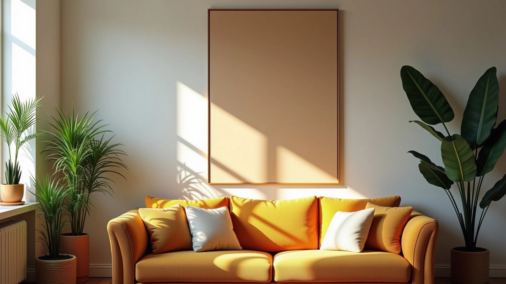 Sala aconchegante com tela de arte DIY, plantas e design brasileiro.