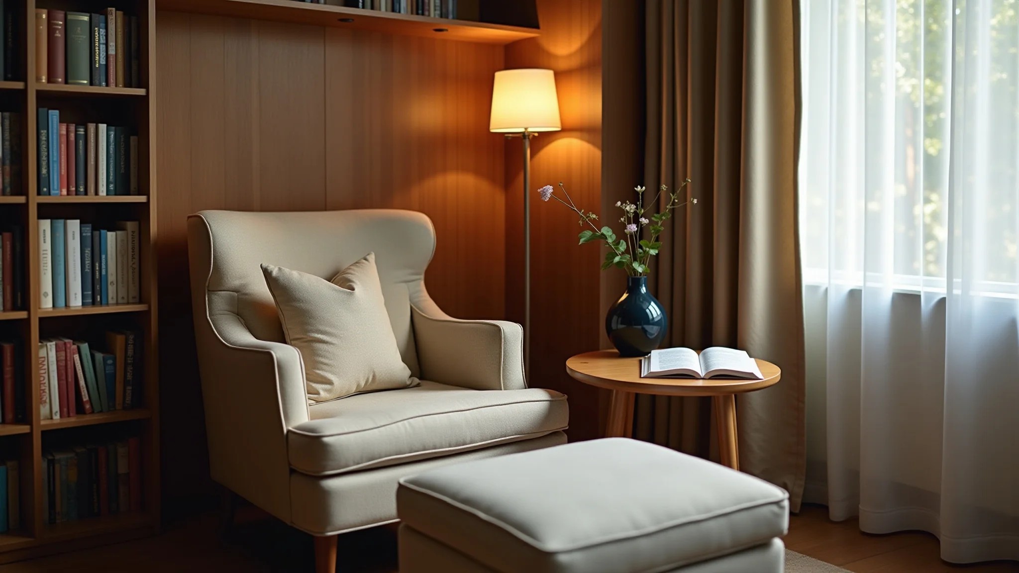 Cantinho de leitura aconchegante com poltrona confortável, iluminação suave e estante, Feng Shui.
