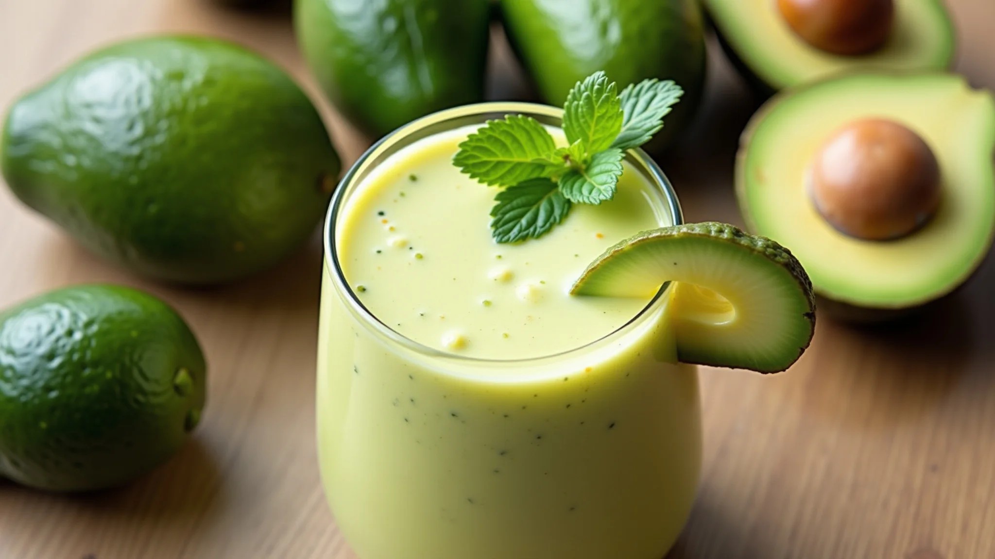 Smoothie cremoso de abacate decorado com hortelã e fatia de abacate.
