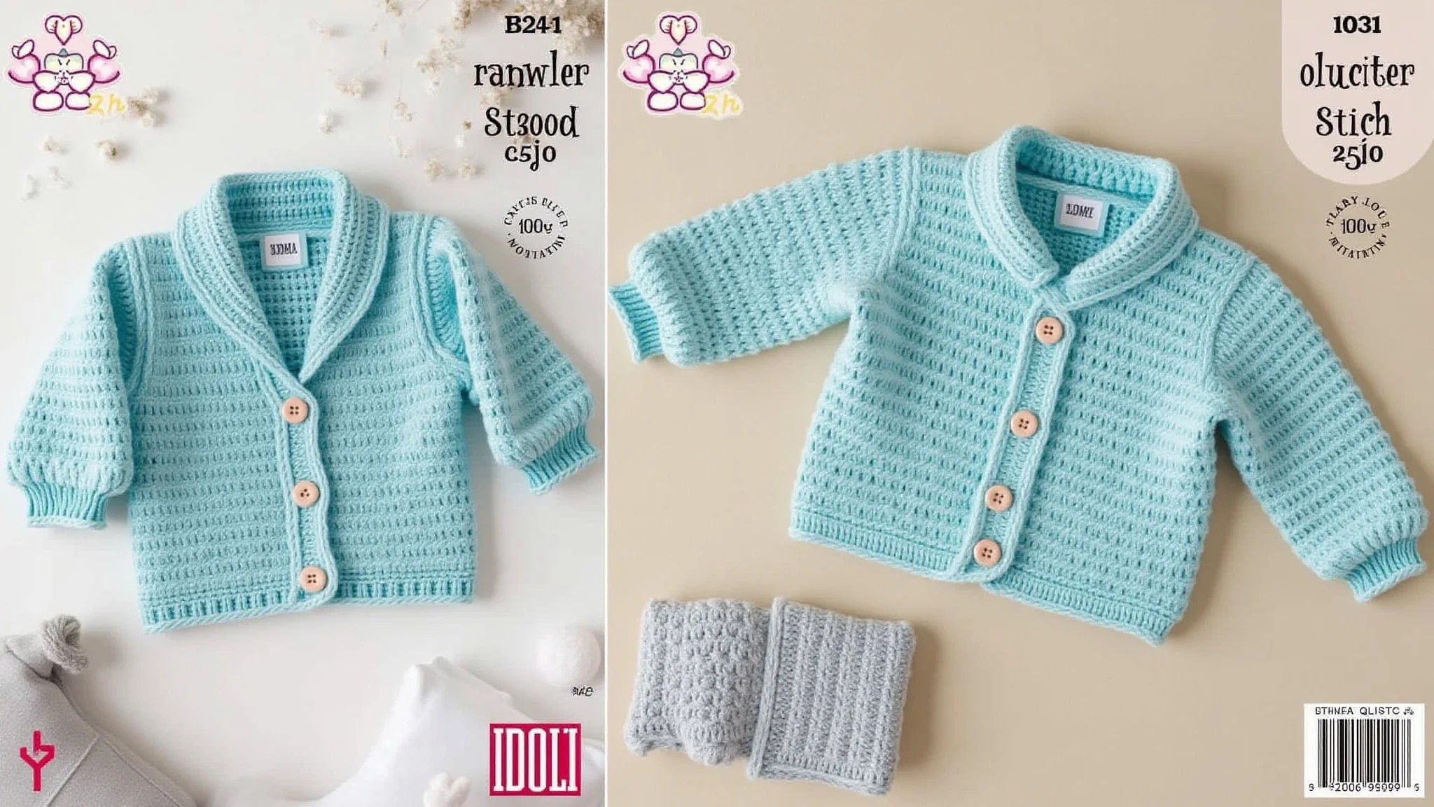 Casaco de crochê estilo cardigan para bebê com diferentes texturas de pontos.