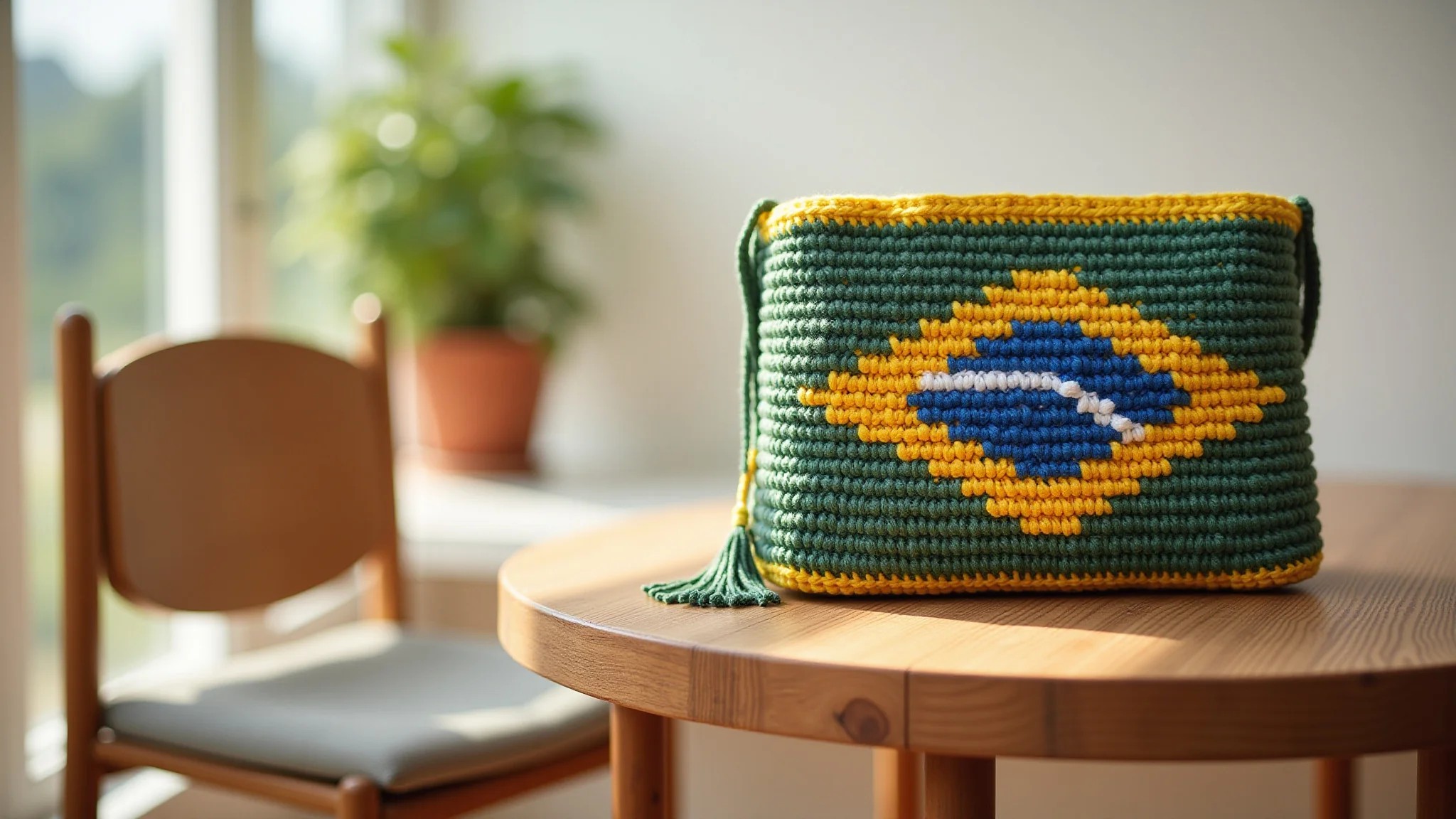 Bolsa de crochê com padrões brasileiros em uma mesa de madeira, iluminação interna brilhante, qualidade 8K.