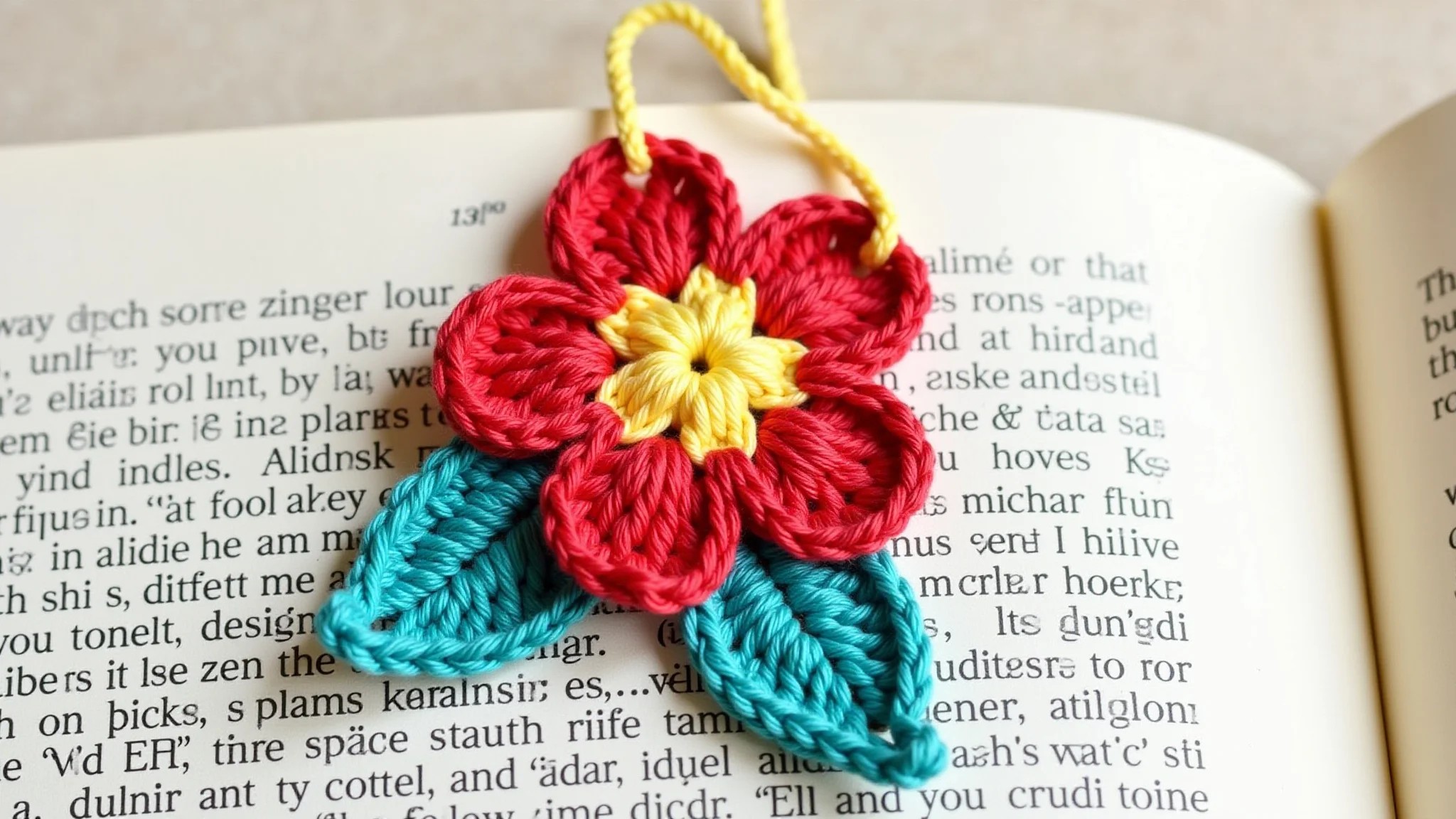 Marca página de crochê com design floral vibrante dentro de um livro.