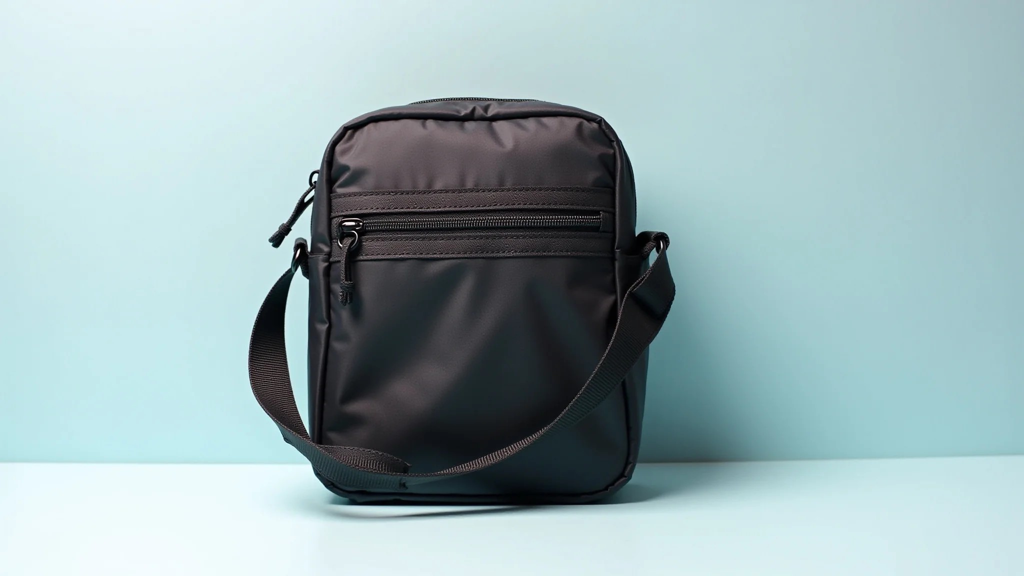 Bolsa transversal de nylon resistente em fundo claro.