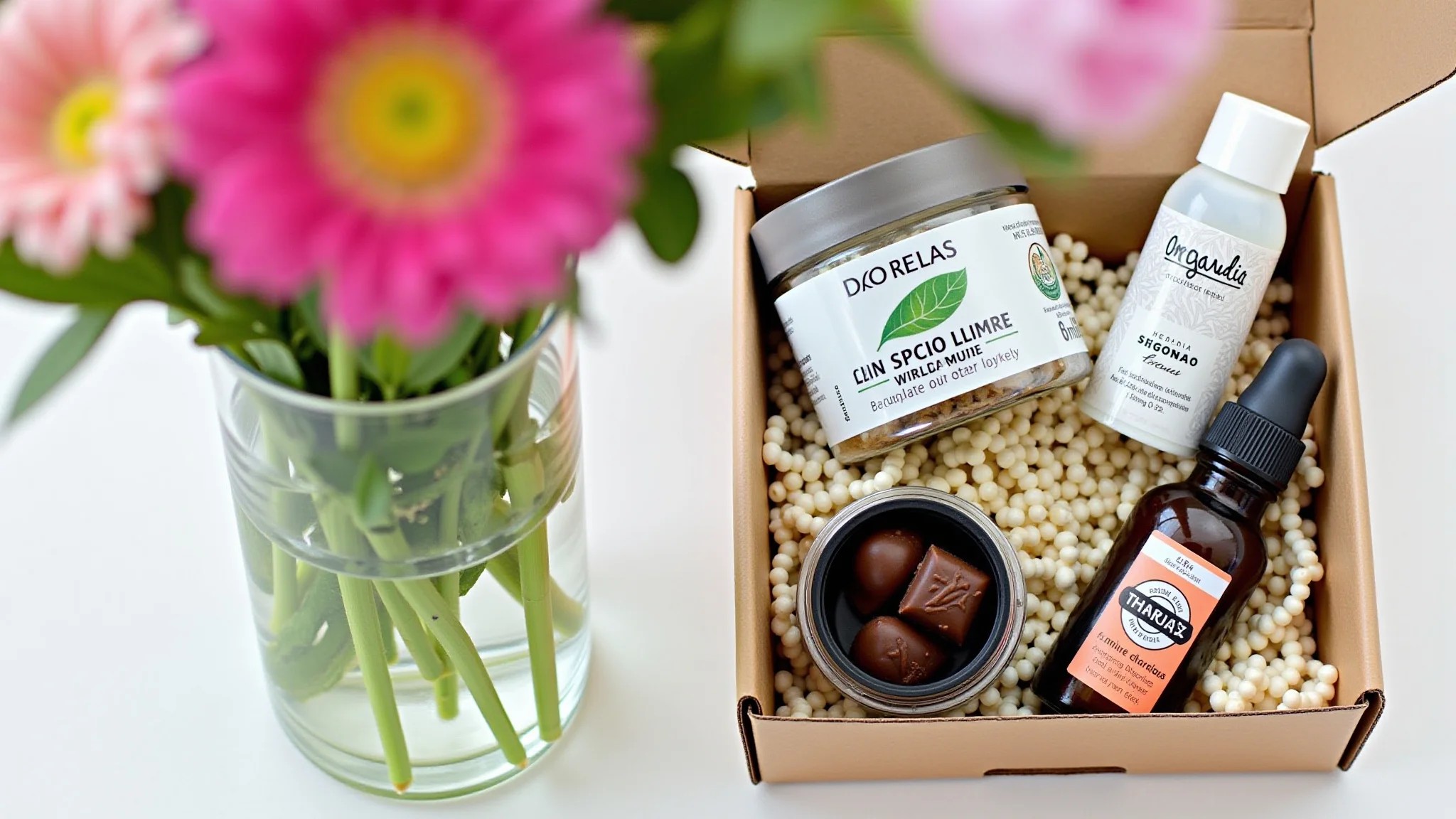 Kit de presente feminino com produtos de beleza orgânicos e chocolates.