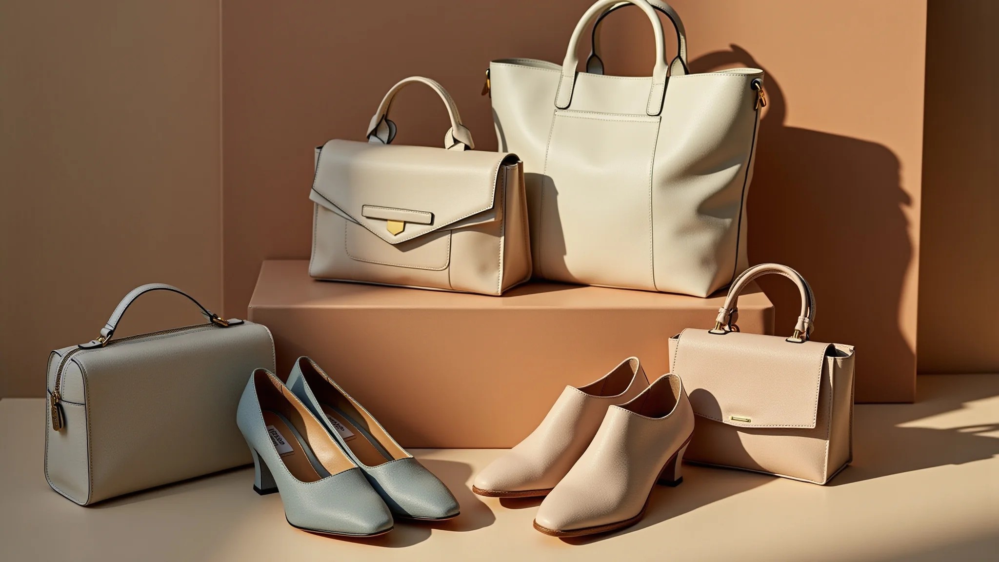 Seleção de sapatos neutros e bolsas estruturadas para um guarda-roupa minimalista.