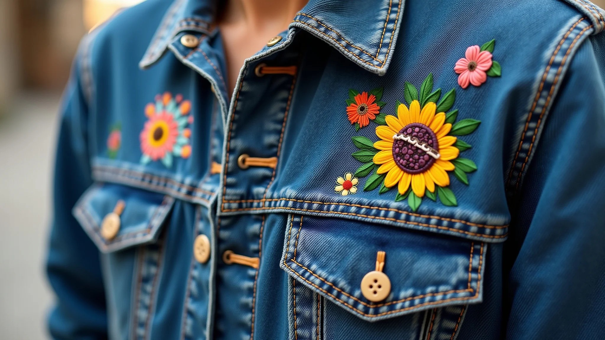 Jaqueta jeans oversized customizada com patches e bordados de inspiração brasileira.
