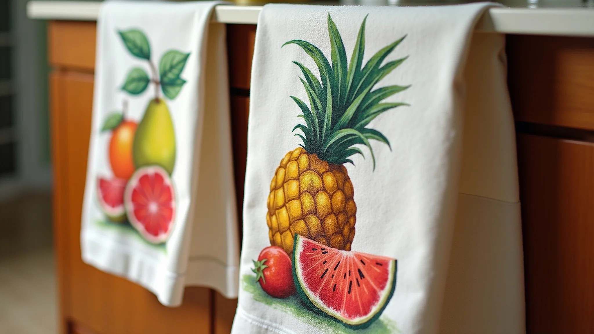 Pano de prato decorado com frutas, presente artesanal e charmoso para mães que amam cozinhar.