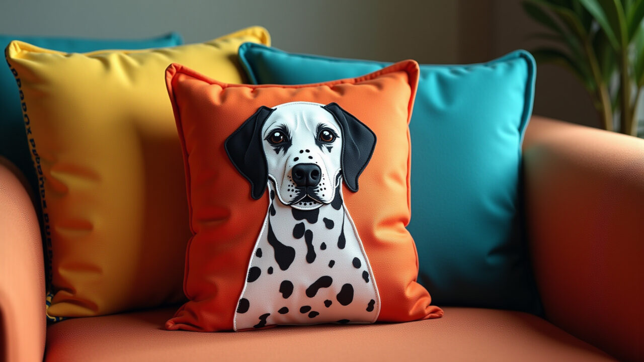 Almofada decorativa com aplicação de dálmata em feltro.