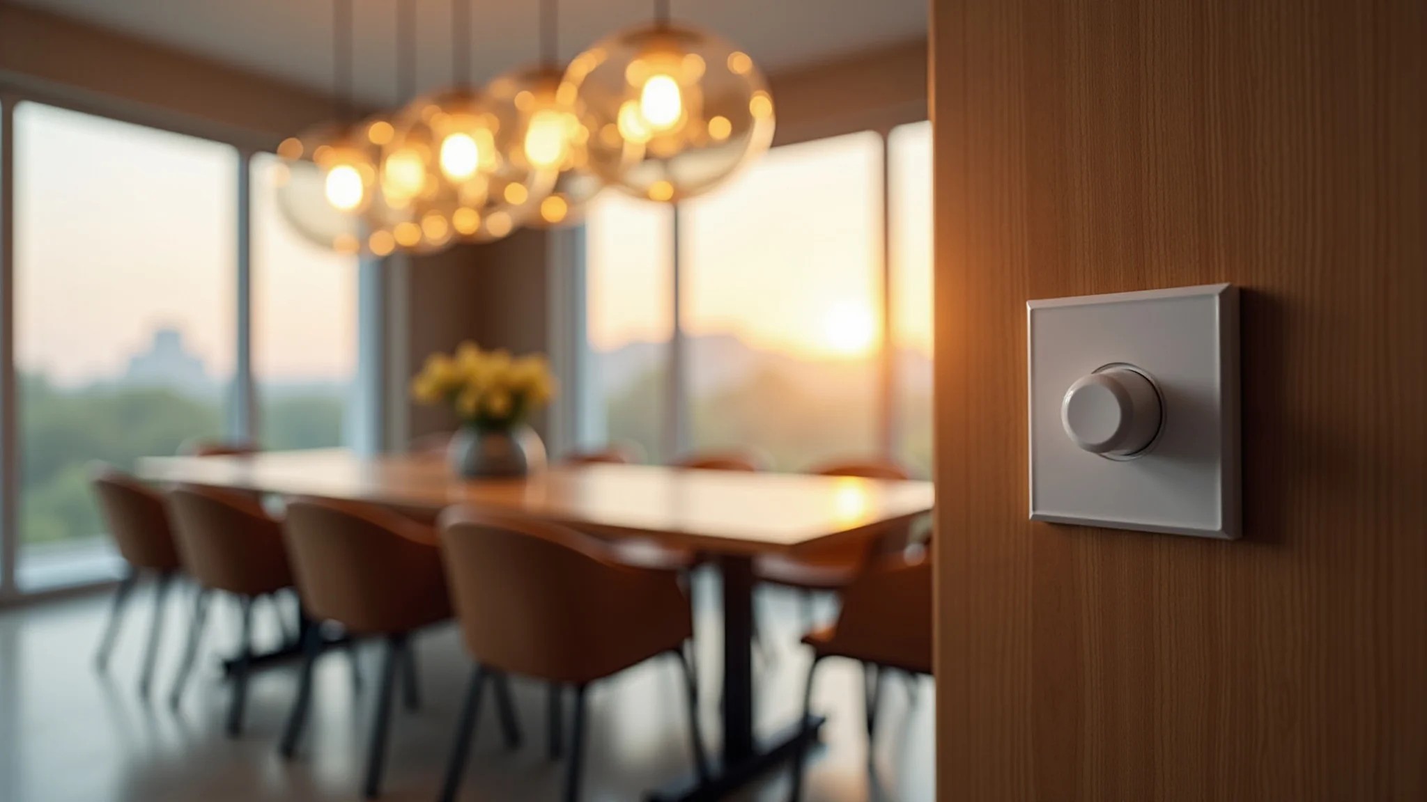 Lustre moderno com dimmer controlando a intensidade da luz na sala de jantar.
