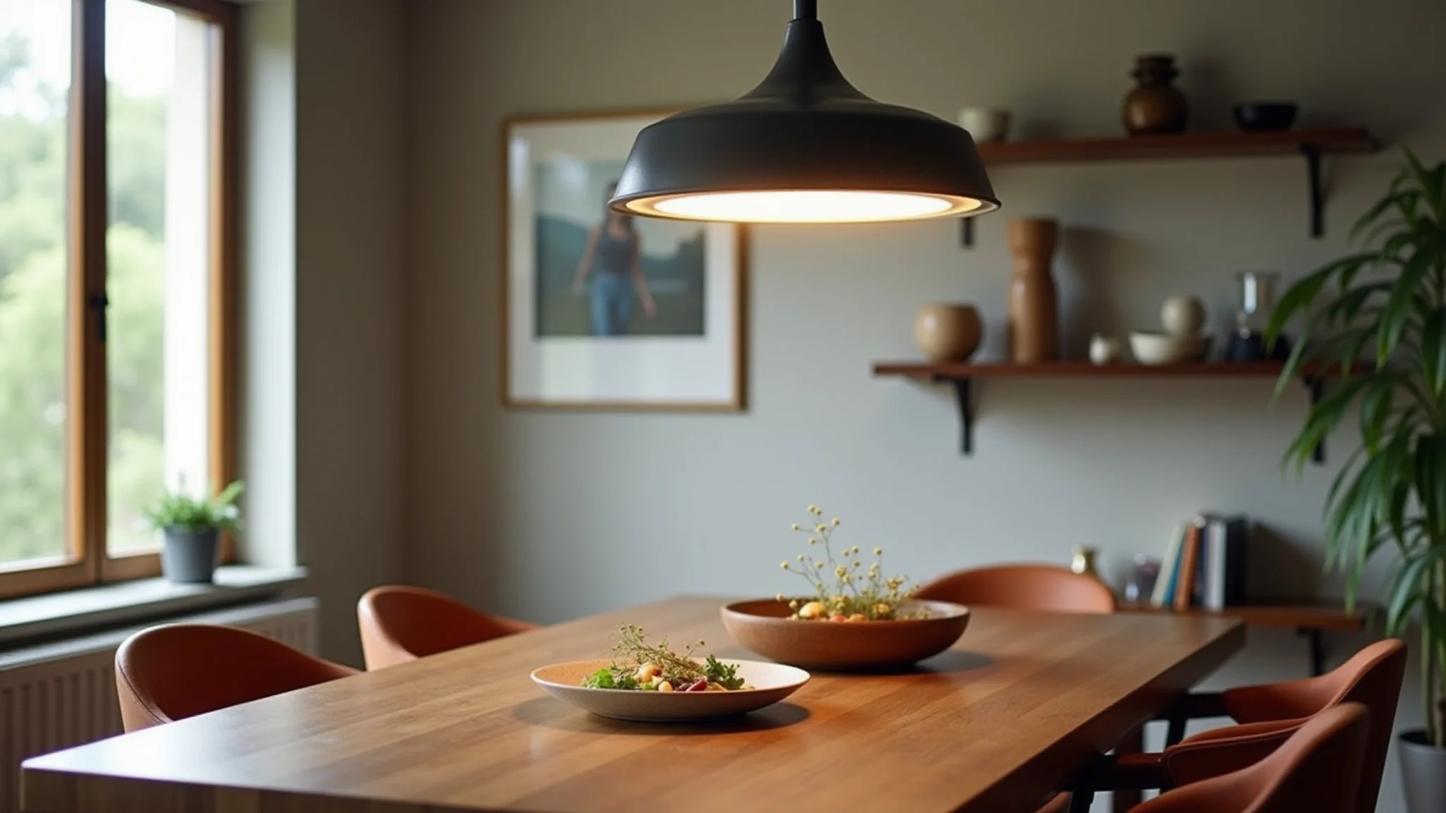Sala de jantar com pendente de LED moderno e design brasileiro.