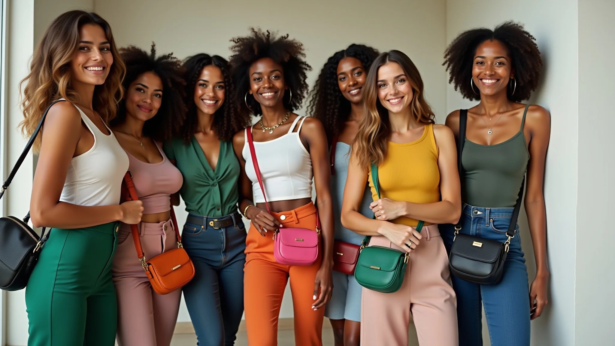 Grupo diverso de mulheres brasileiras exibindo diferentes estilos de mini bags.