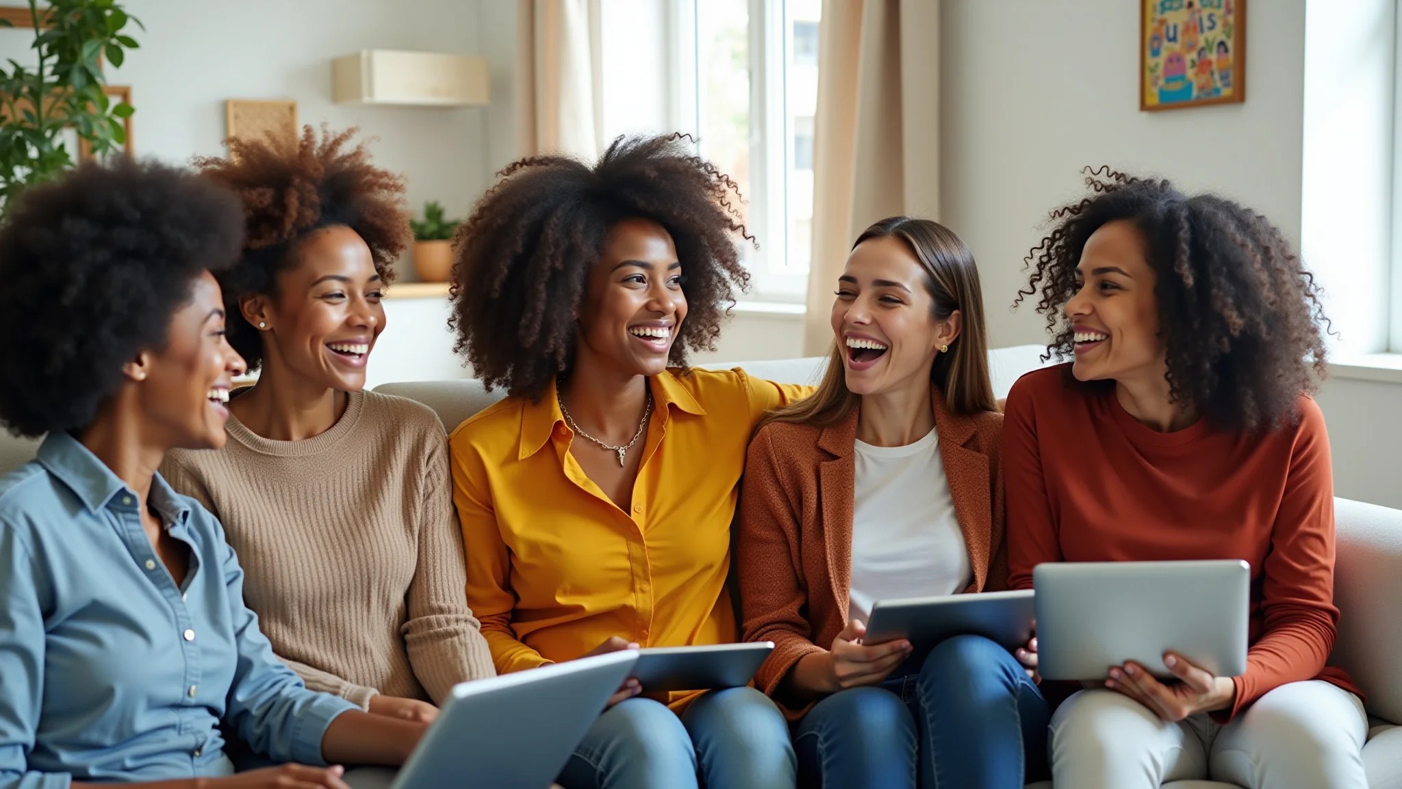 Mulheres diversas em chamada de vídeo, vestindo looks confortáveis para home office.