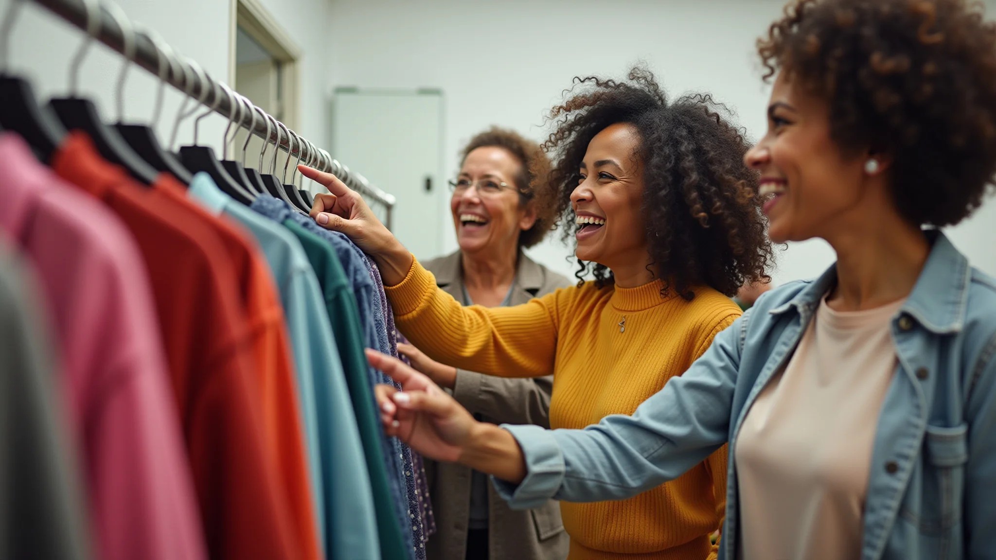 Mulheres brasileiras escolhendo roupas vibrantes e modernas para rejuvenescer o visual.