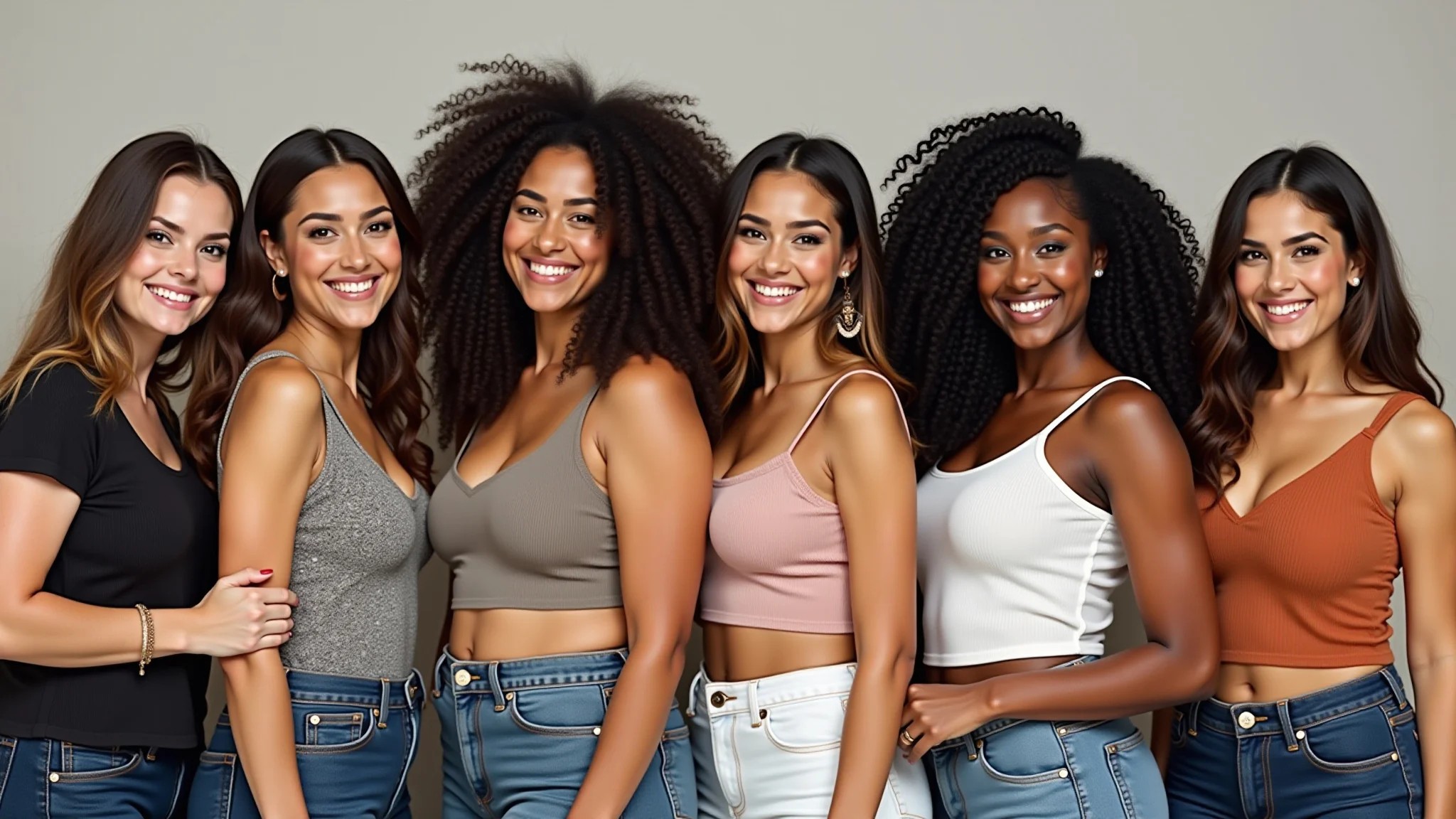 Grupo diverso de mulheres brasileiras confiantes, usando roupas que valorizam seus corpos curvilíneos.