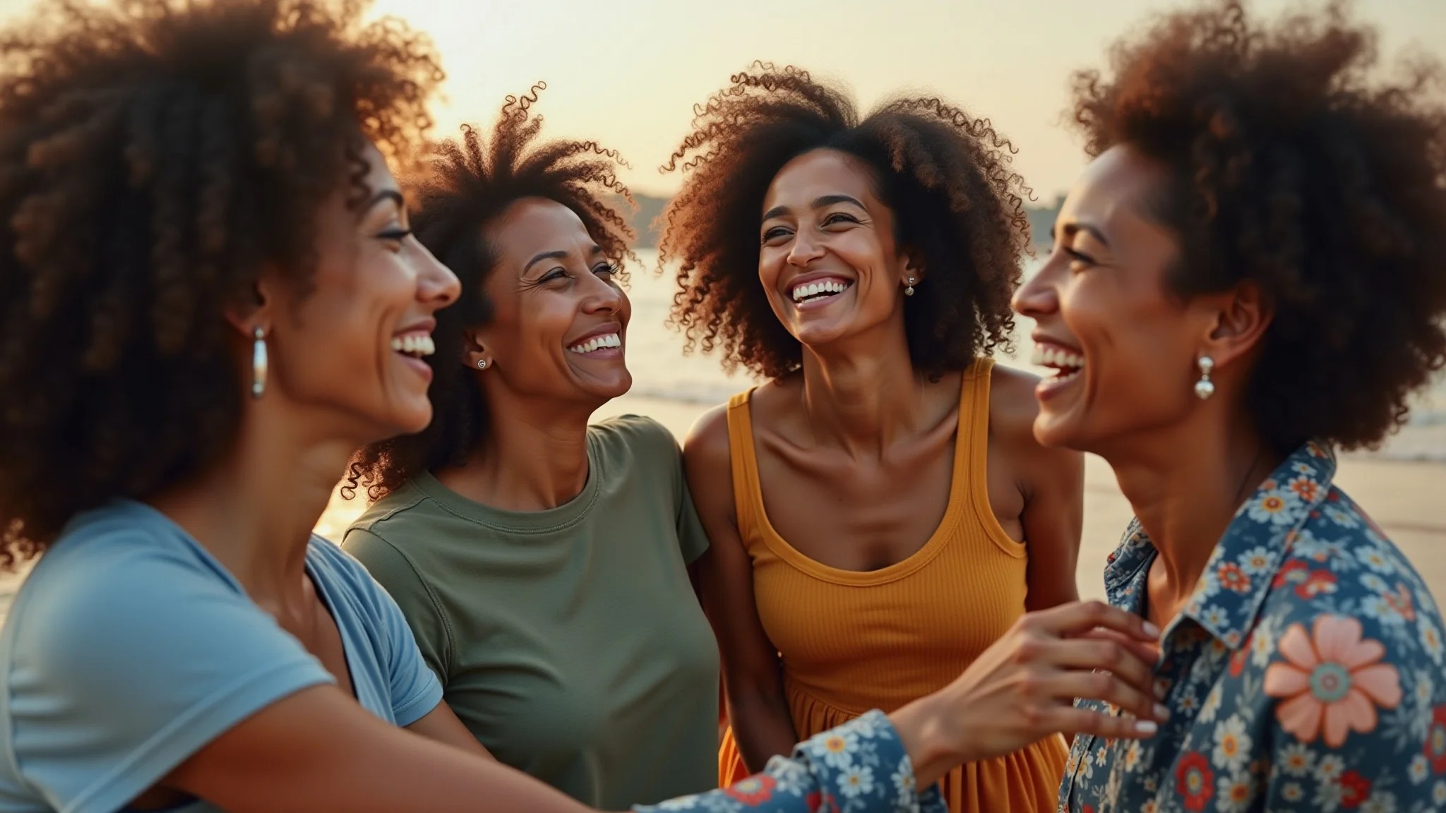 Grupo diverso de mulheres brasileiras se apoiando, representando rede de apoio feminina.