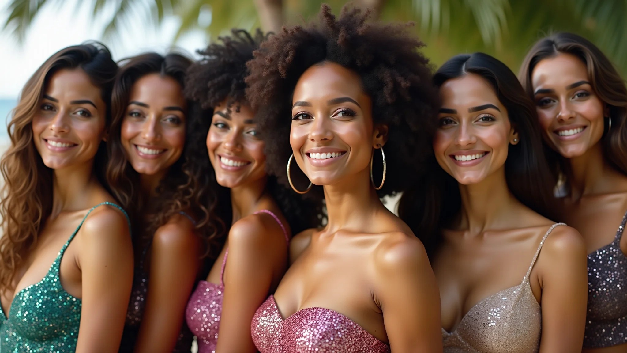 Grupo diverso de mulheres brasileiras usando diferentes estilos de brilho e paetês, celebrando a diversidade.