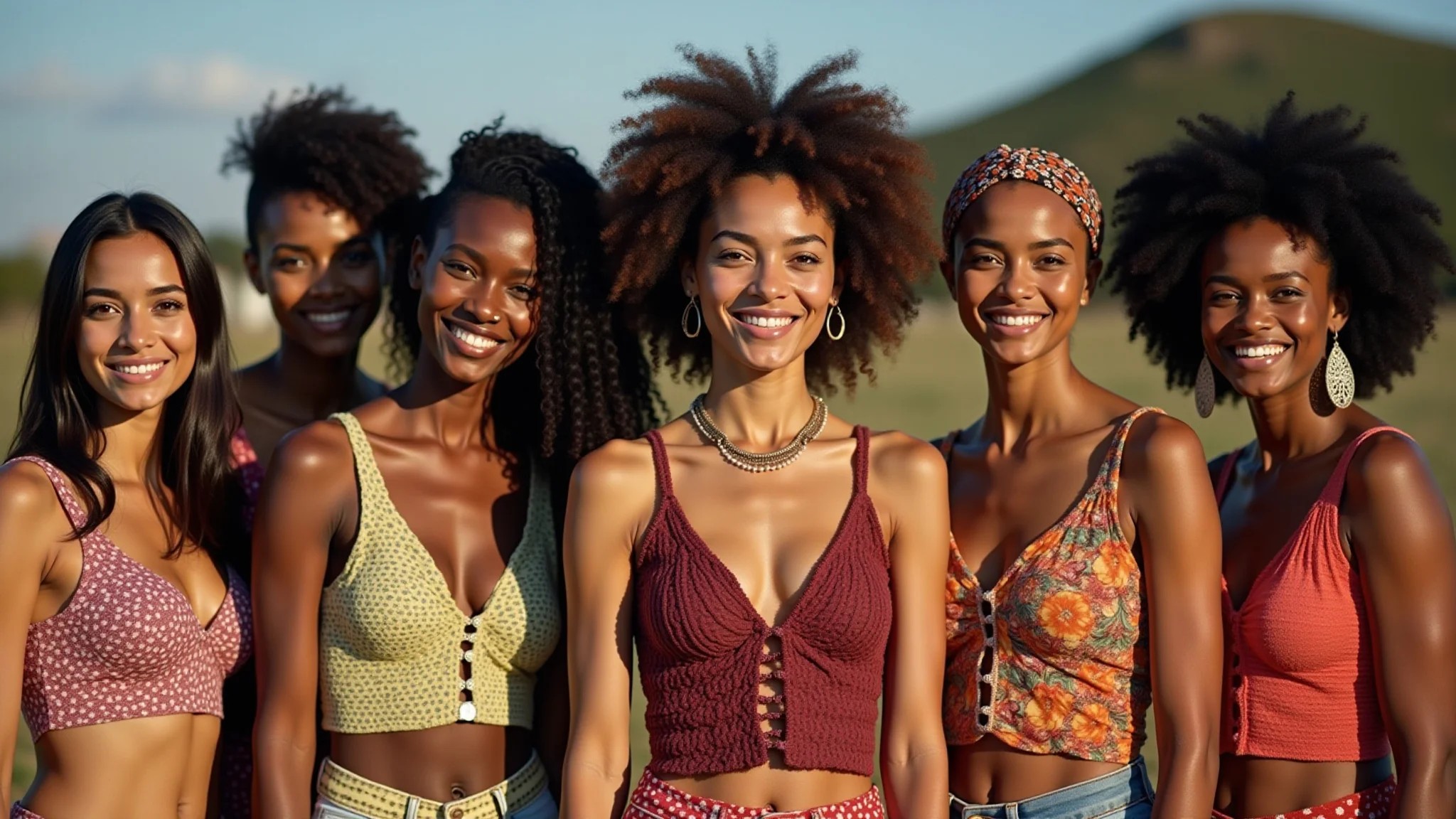 Mulheres brasileiras diversas exibindo moda artesanal que celebra a cultura.