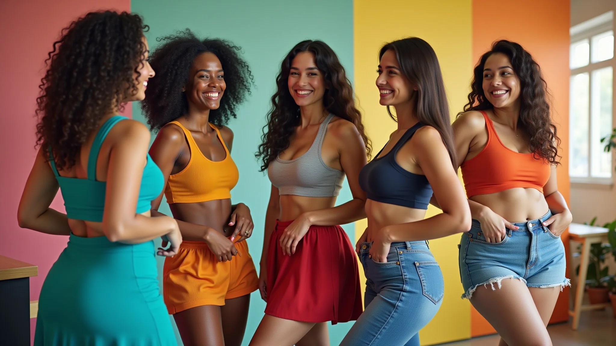 Mulheres brasileiras diversas usando bodies com saias em espaço de co-working vibrante.