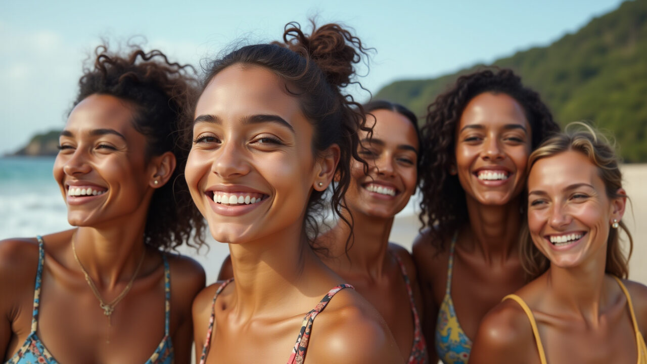 Grupo de mulheres brasileiras com maquiagem natural na praia.