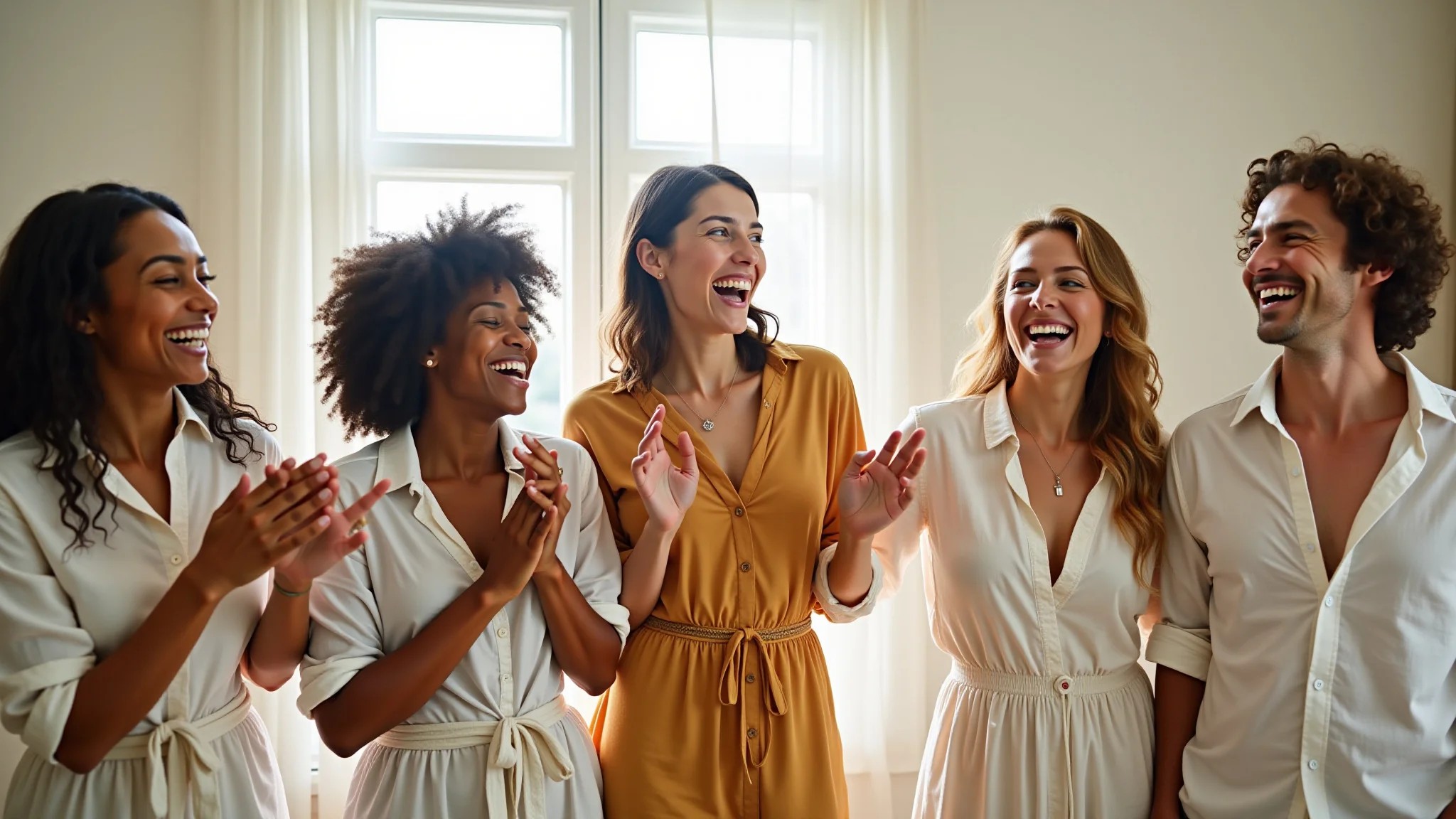 Grupo diverso de amigos rindo e aproveitando o verão, todos vestindo roupas de linho.