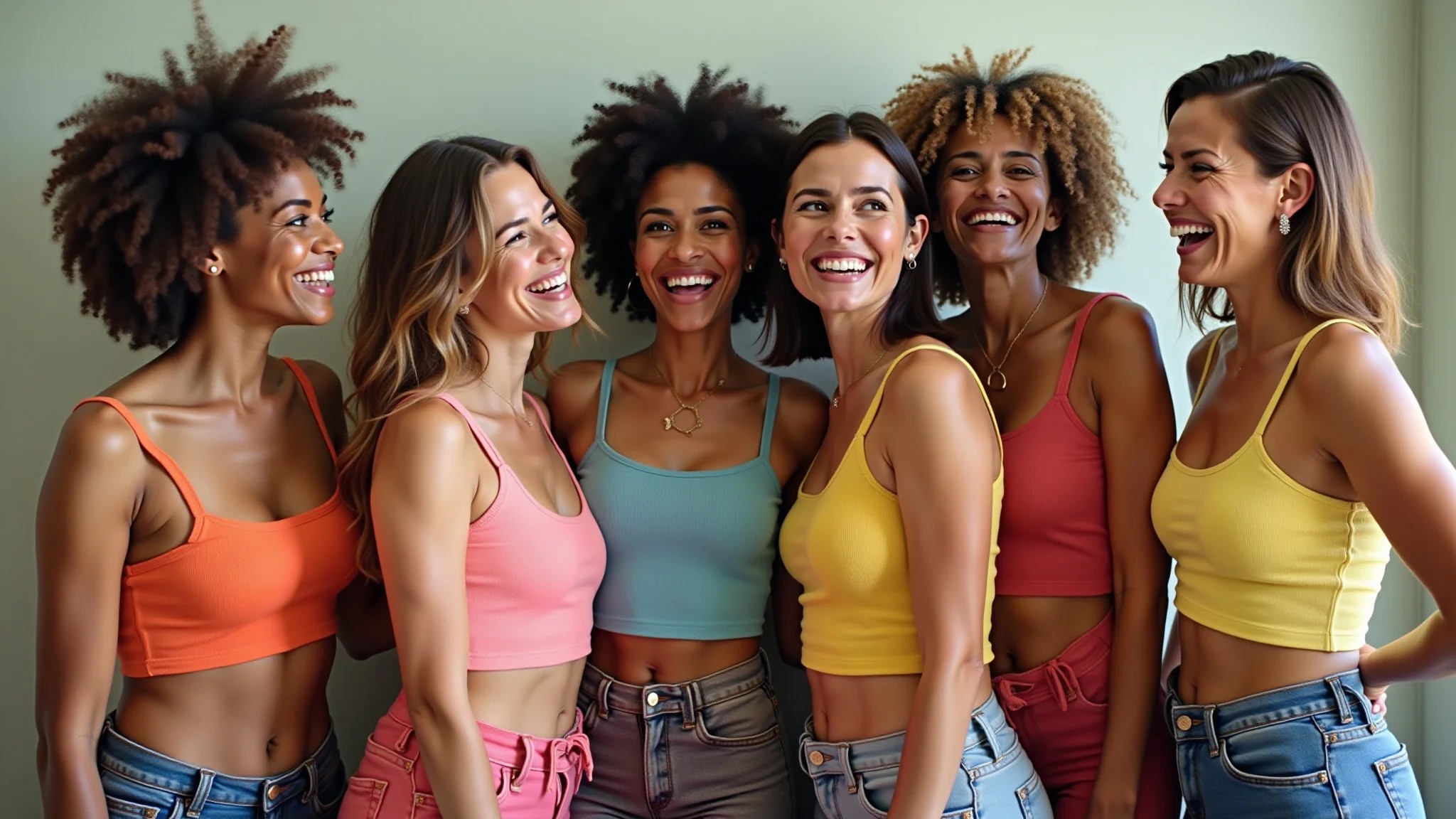 Grupo diverso de mulheres maduras (40+) rindo e posando com croppeds coloridos.