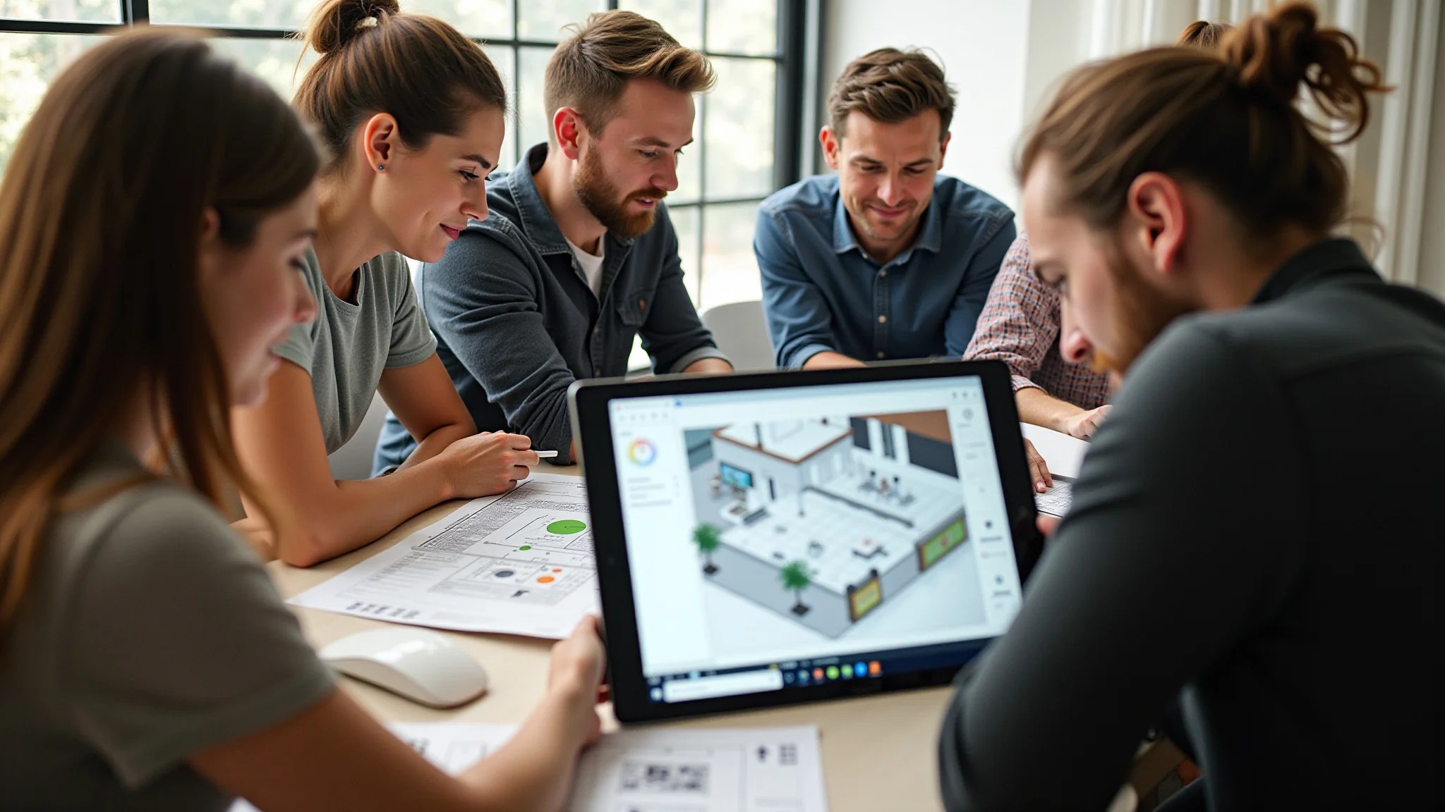 Grupo diverso colaborando no design de cozinha com software online.