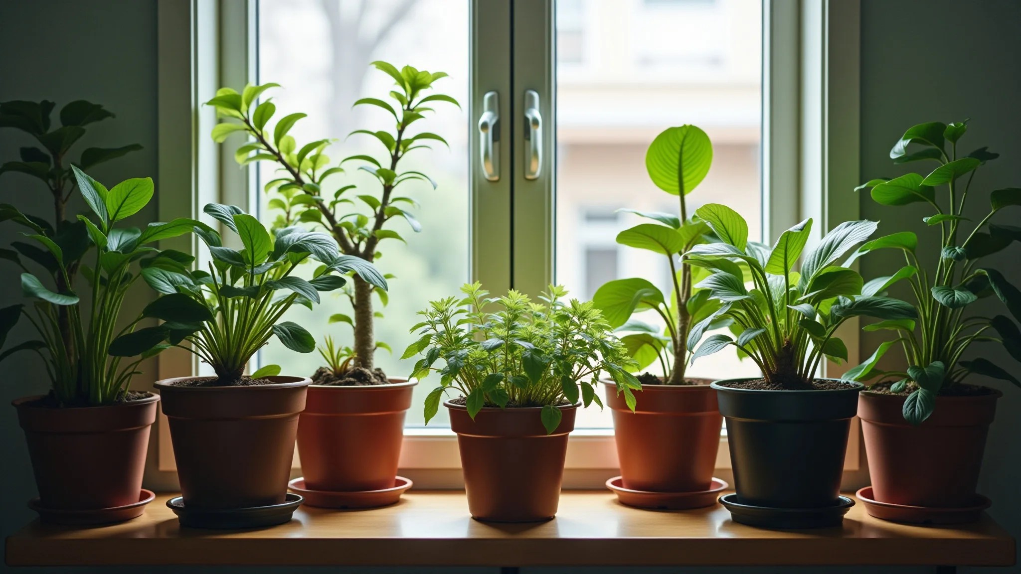Grupo diverso de plantas em vasos prosperando em um parapeito de janela ensolarado, refletindo em um espelho.