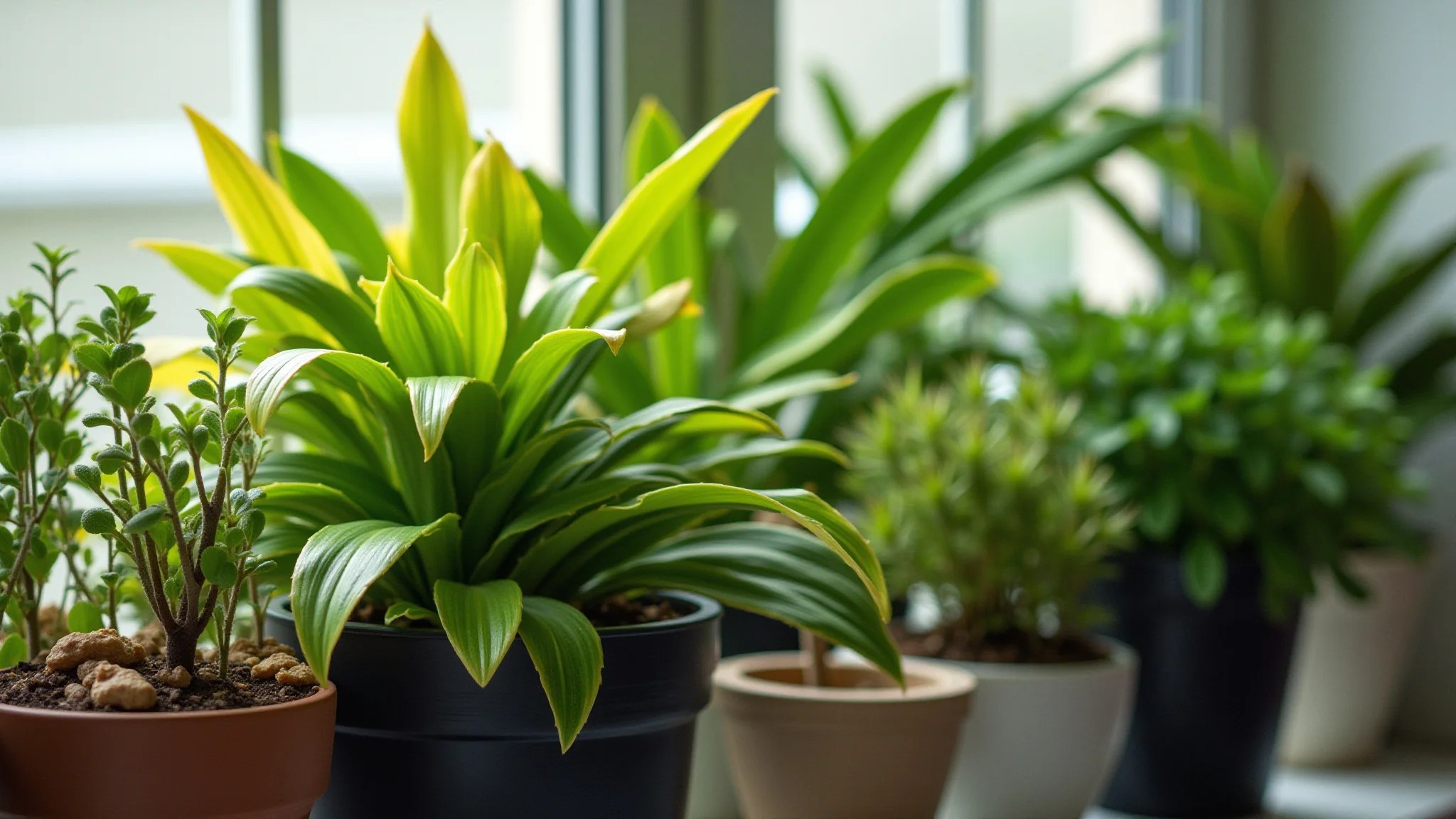 Grupo diverso de plantas em vasos, algumas com folhas verdes vibrantes e outras amareladas.